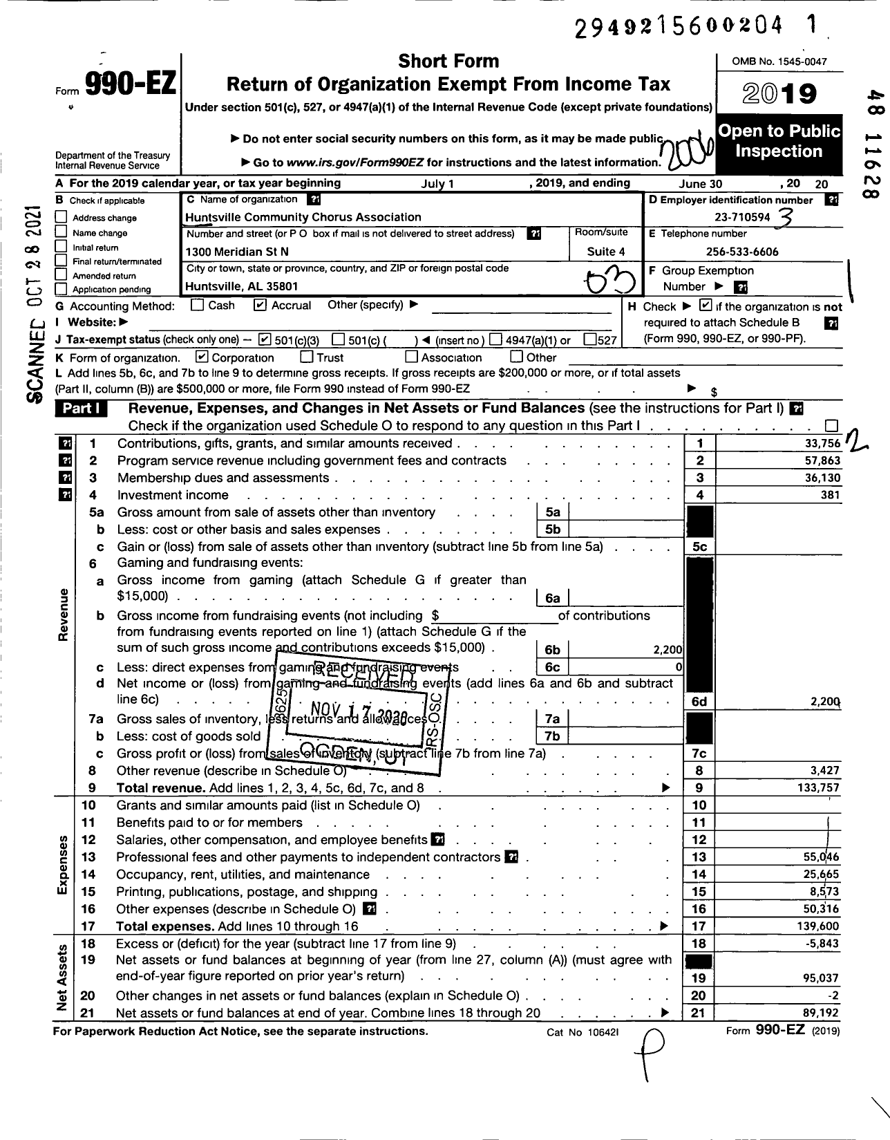 Image of first page of 2019 Form 990EZ for Huntsville Community Chorus Association