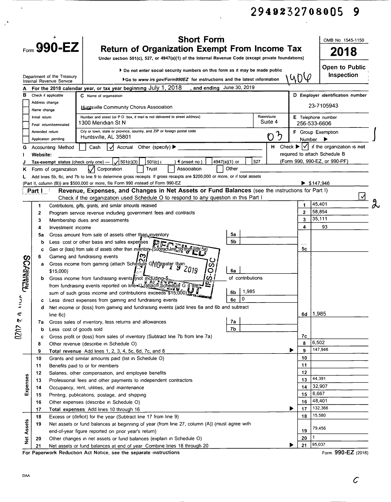 Image of first page of 2018 Form 990EZ for Huntsville Community Chorus Association