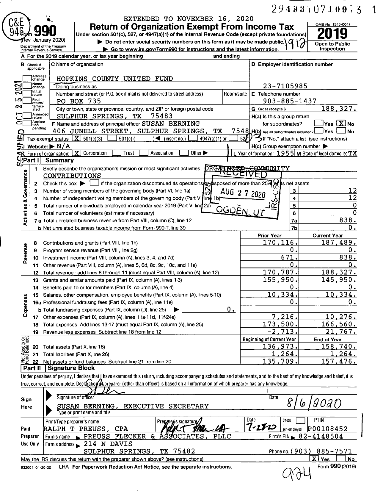 Image of first page of 2019 Form 990 for Hopkins County United Fund