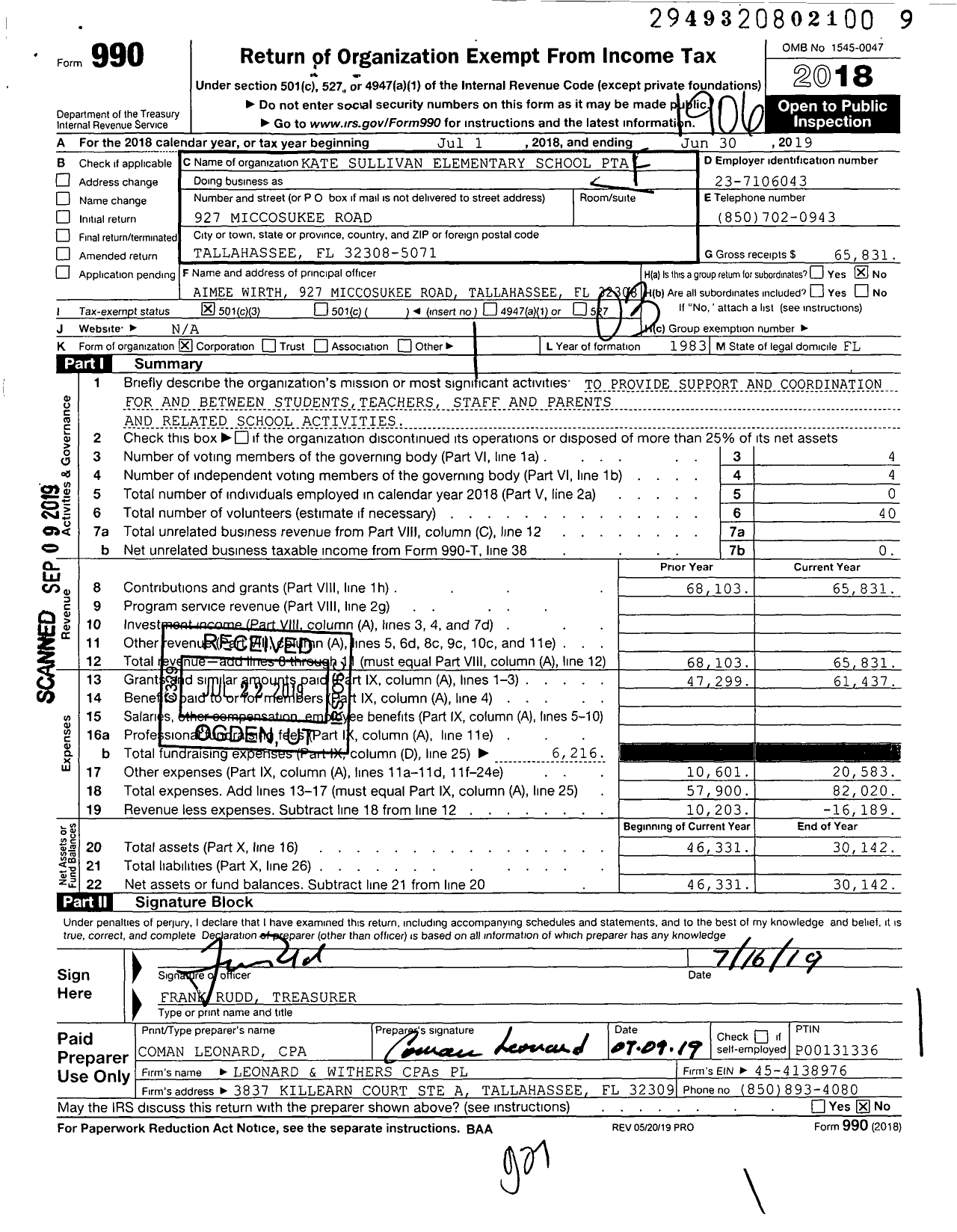 Image of first page of 2018 Form 990 for PTA Florida Congress - Kate Sullivan Elementary PTA