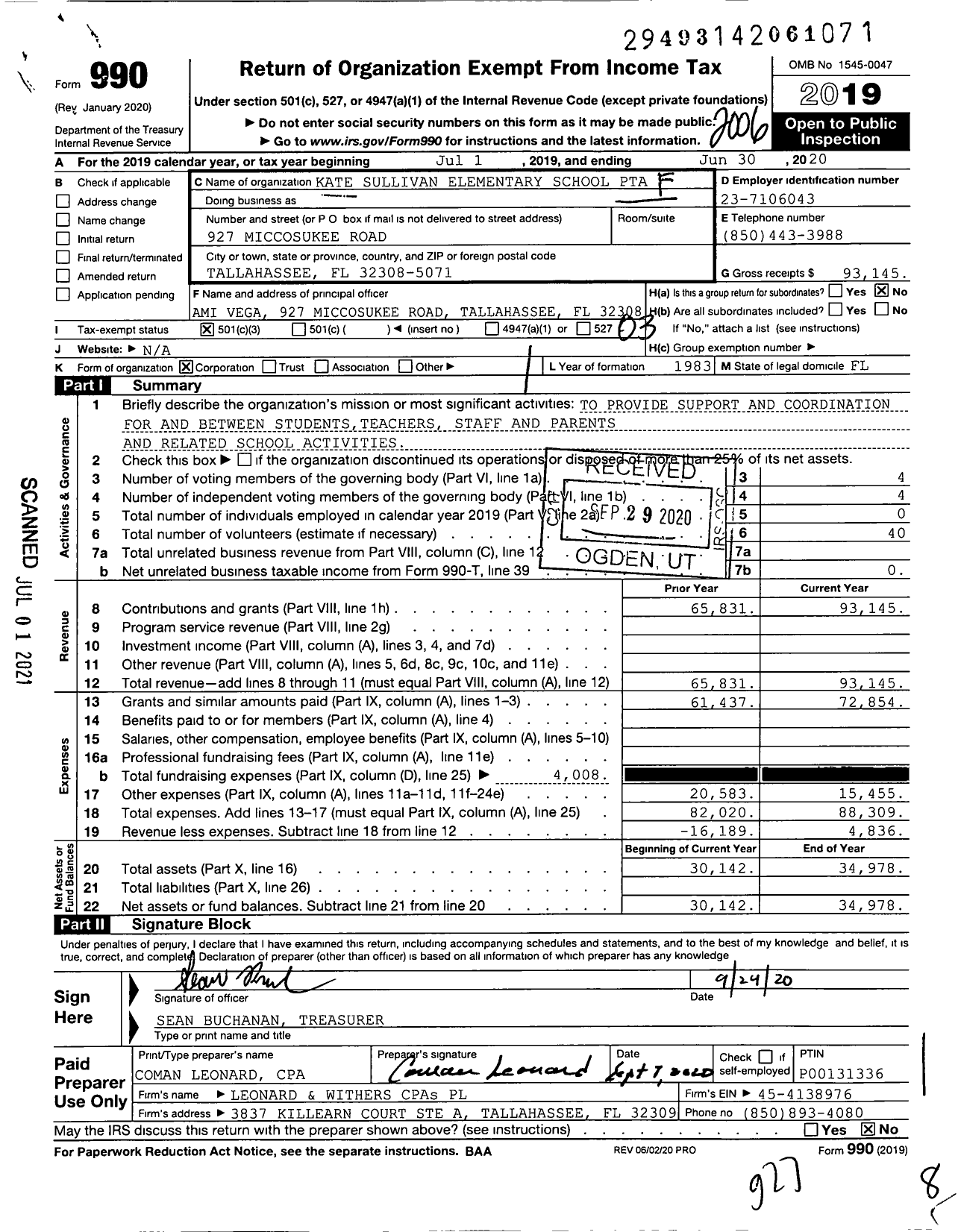 Image of first page of 2019 Form 990 for PTA Florida Congress - Kate Sullivan Elementary PTA