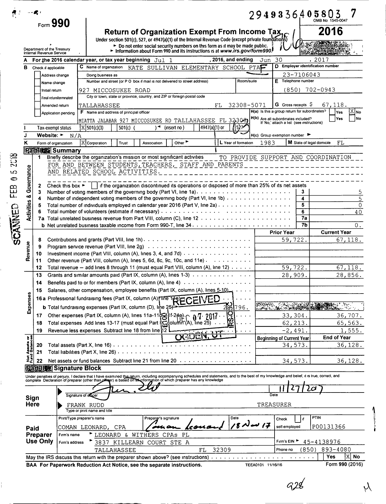 Image of first page of 2016 Form 990 for PTA Florida Congress - Kate Sullivan Elementary PTA