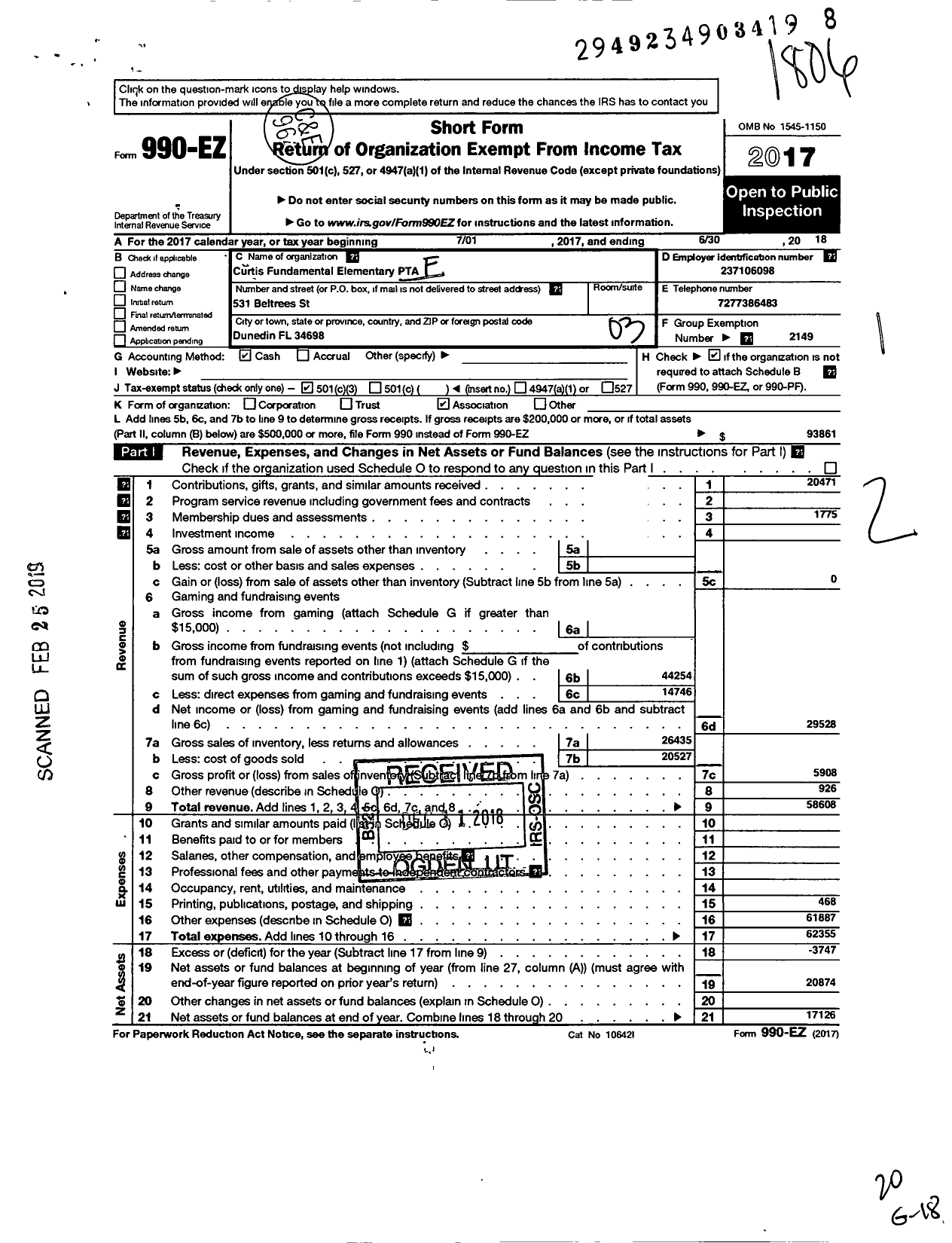Image of first page of 2017 Form 990EZ for PTA Florida Congress - Curtis Fundamental PTA