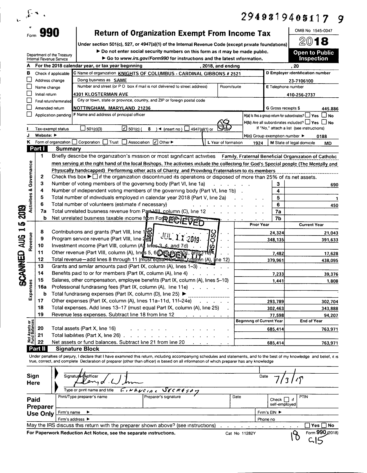 Image of first page of 2018 Form 990O for Knights of Columbus - 2521 Cardinal Gibbons Council