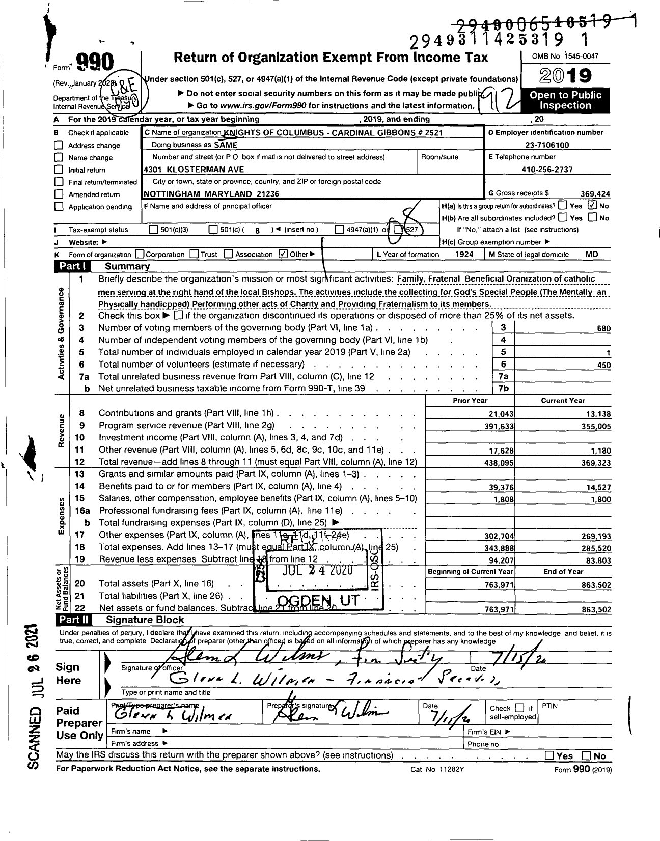 Image of first page of 2019 Form 990O for Knights of Columbus - 2521 Cardinal Gibbons Council