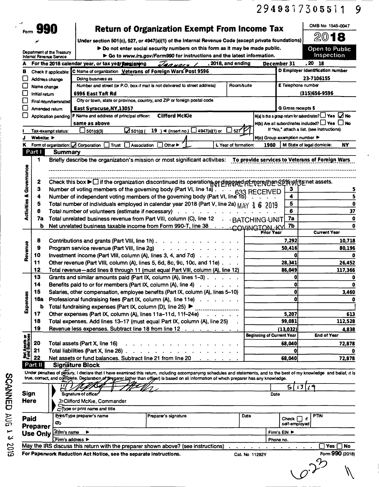 Image of first page of 2018 Form 990O for Department of Ny VFW - Simon-Parise VFW Post 9596