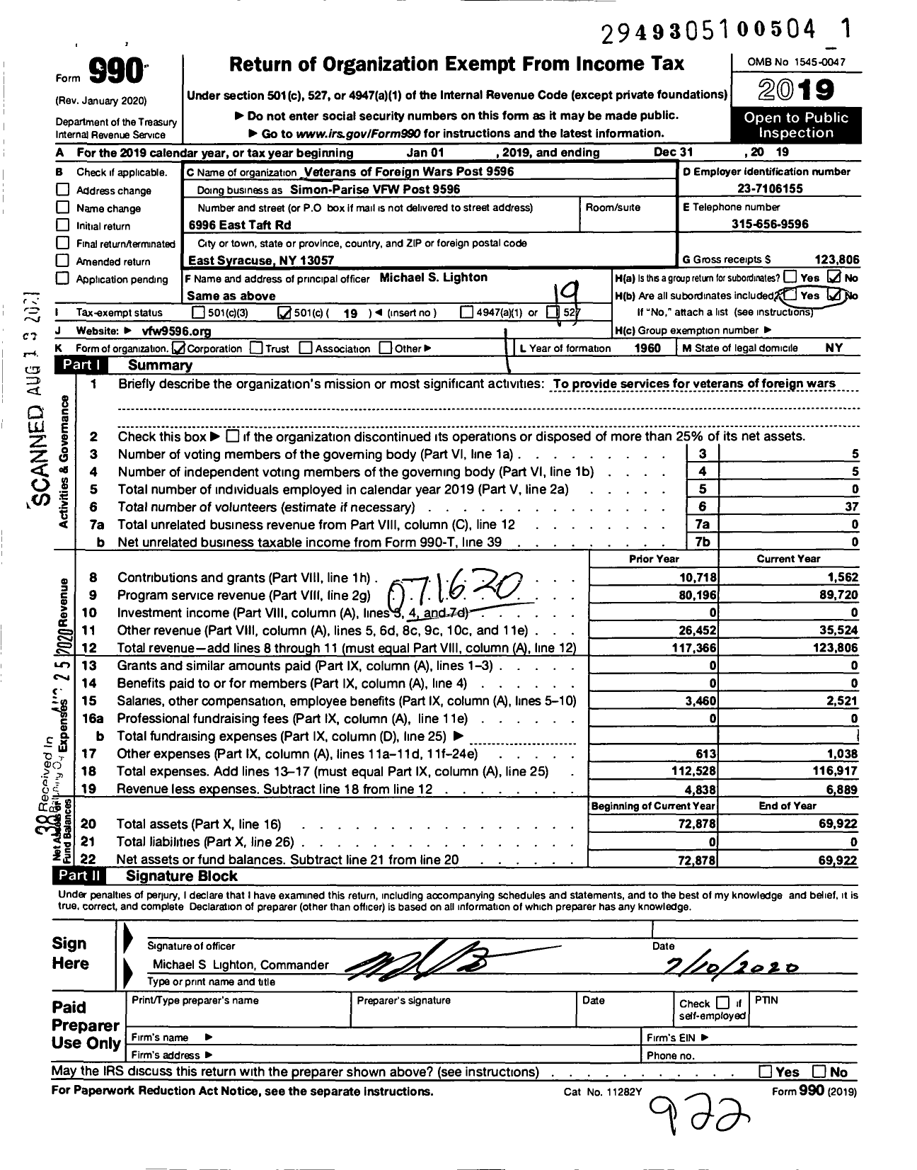 Image of first page of 2019 Form 990O for Department of Ny VFW - Simon-Parise VFW Post 9596