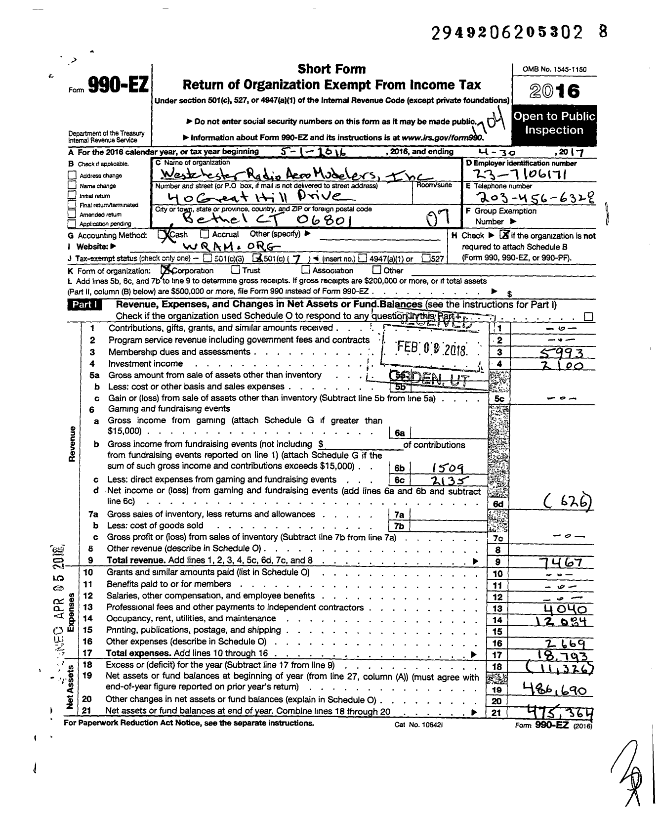 Image of first page of 2016 Form 990EO for Westchester Radio Aero Modelers