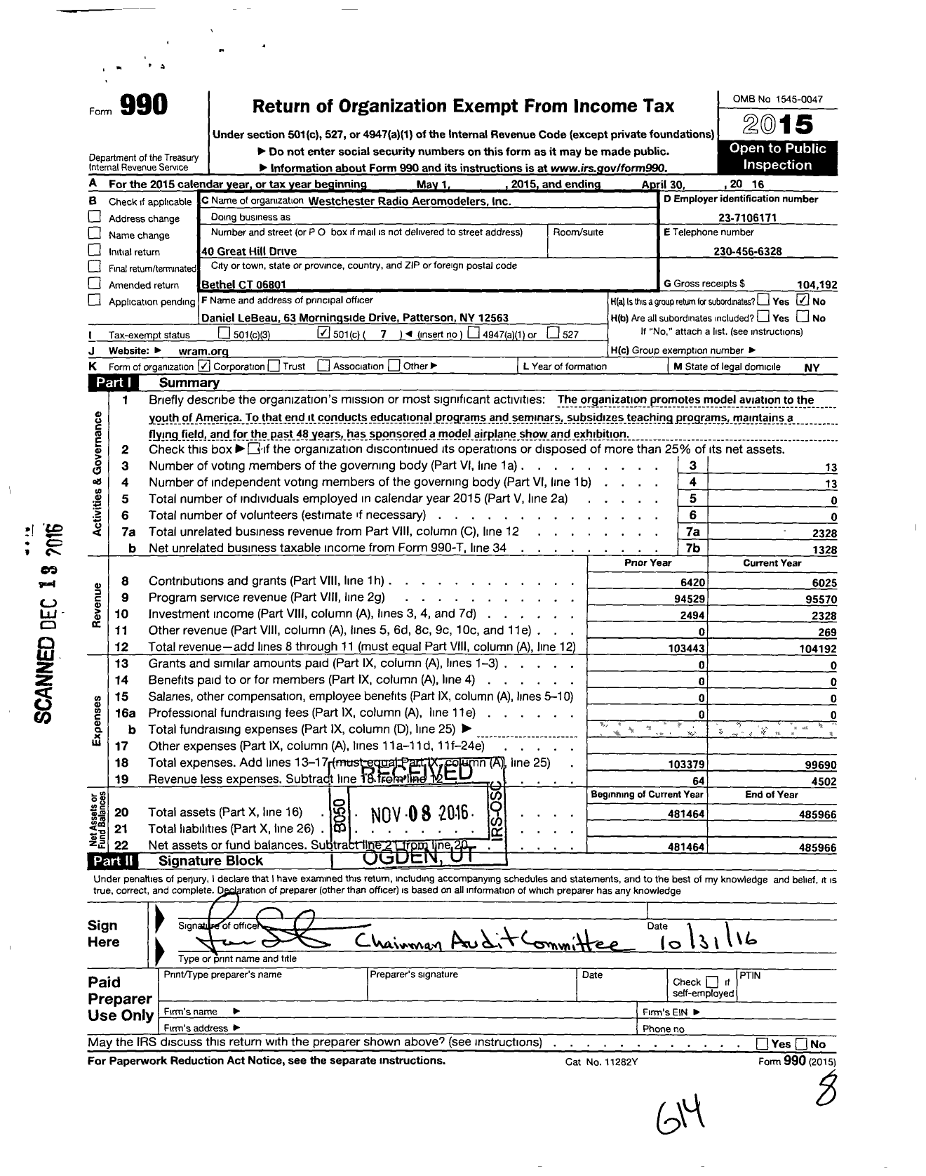 Image of first page of 2015 Form 990O for Westchester Radio Aero Modelers