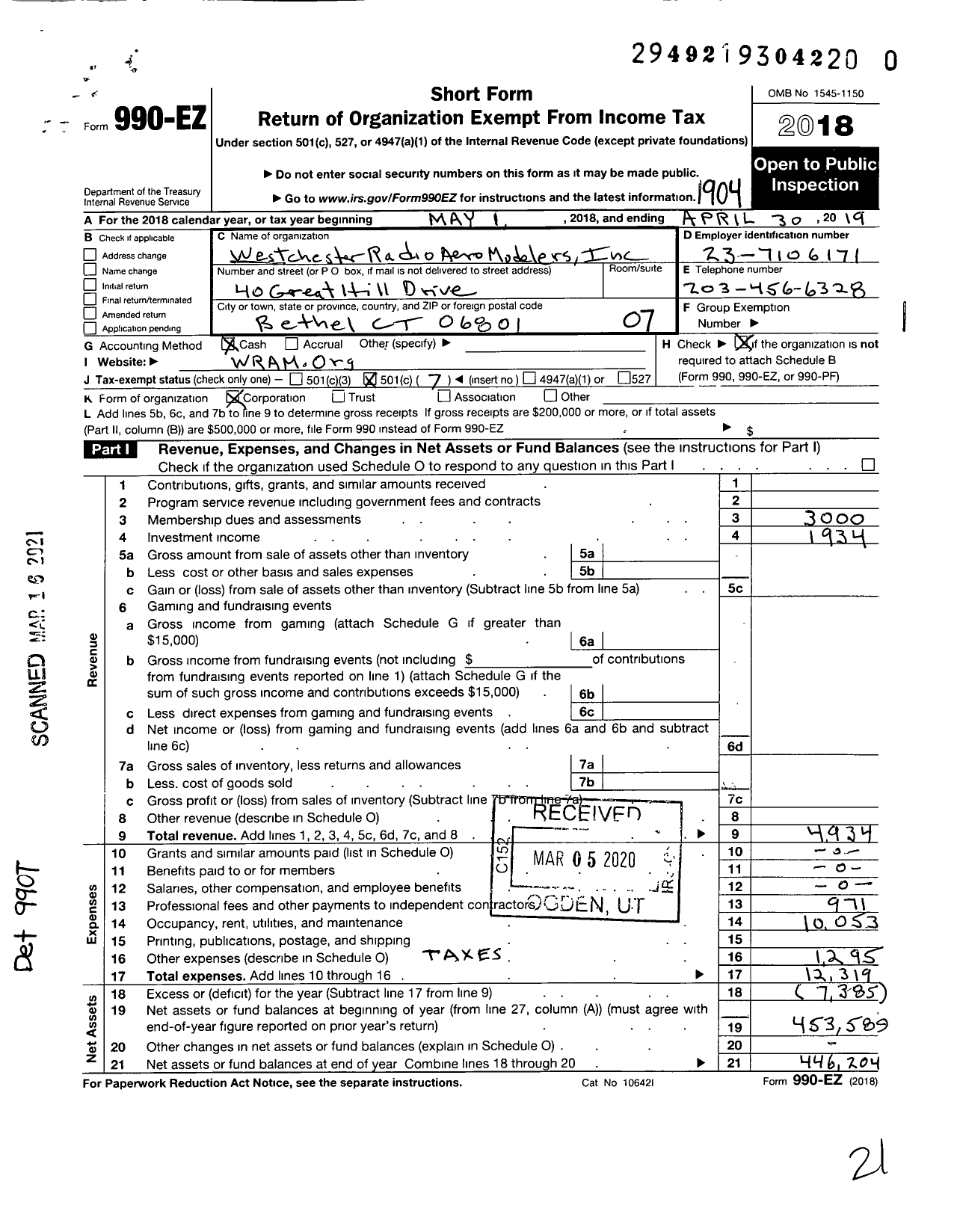 Image of first page of 2018 Form 990EO for Westchester Radio Aero Modelers