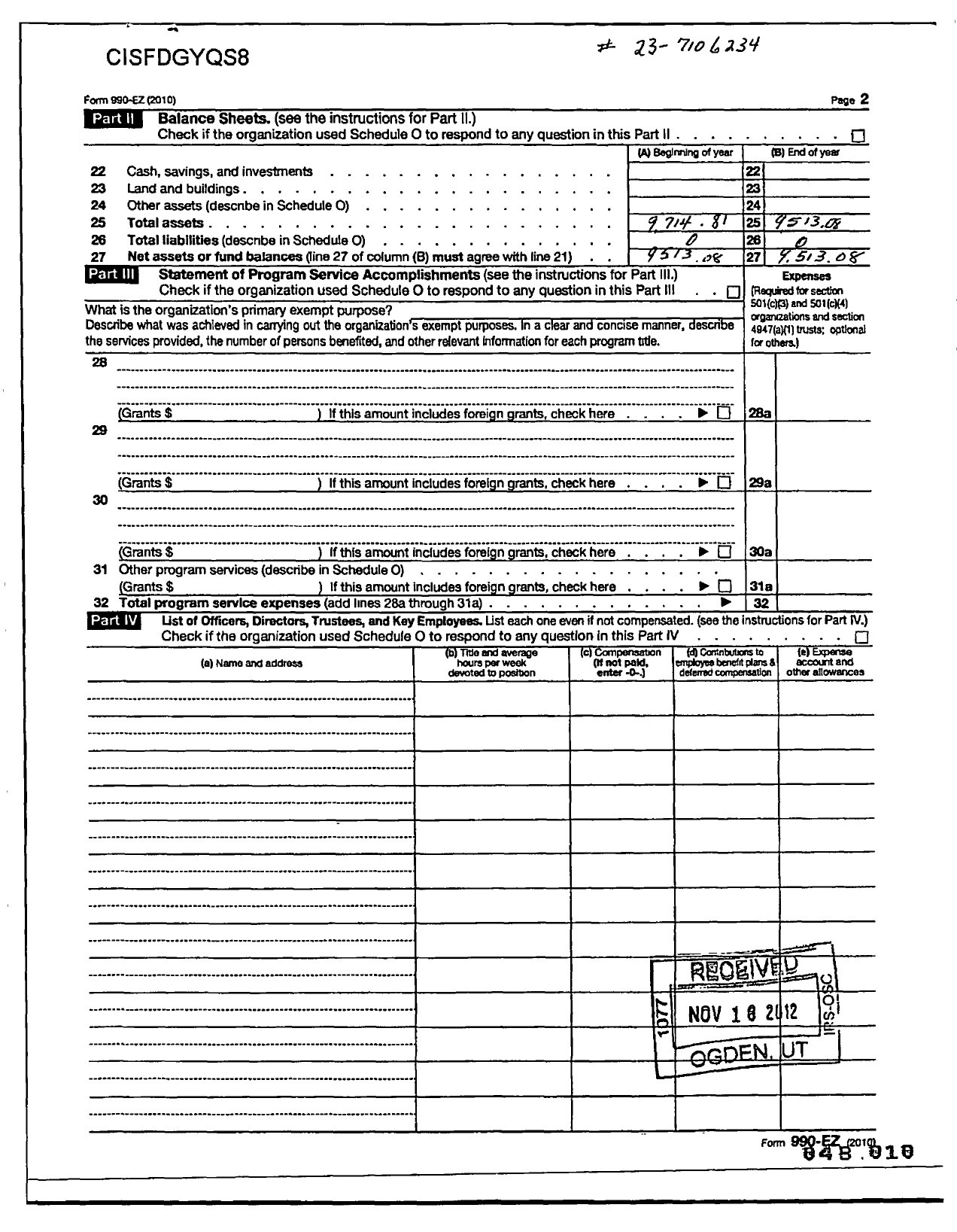 Image of first page of 2010 Form 990EOR for VFW Wi - 10170 Mayville Post