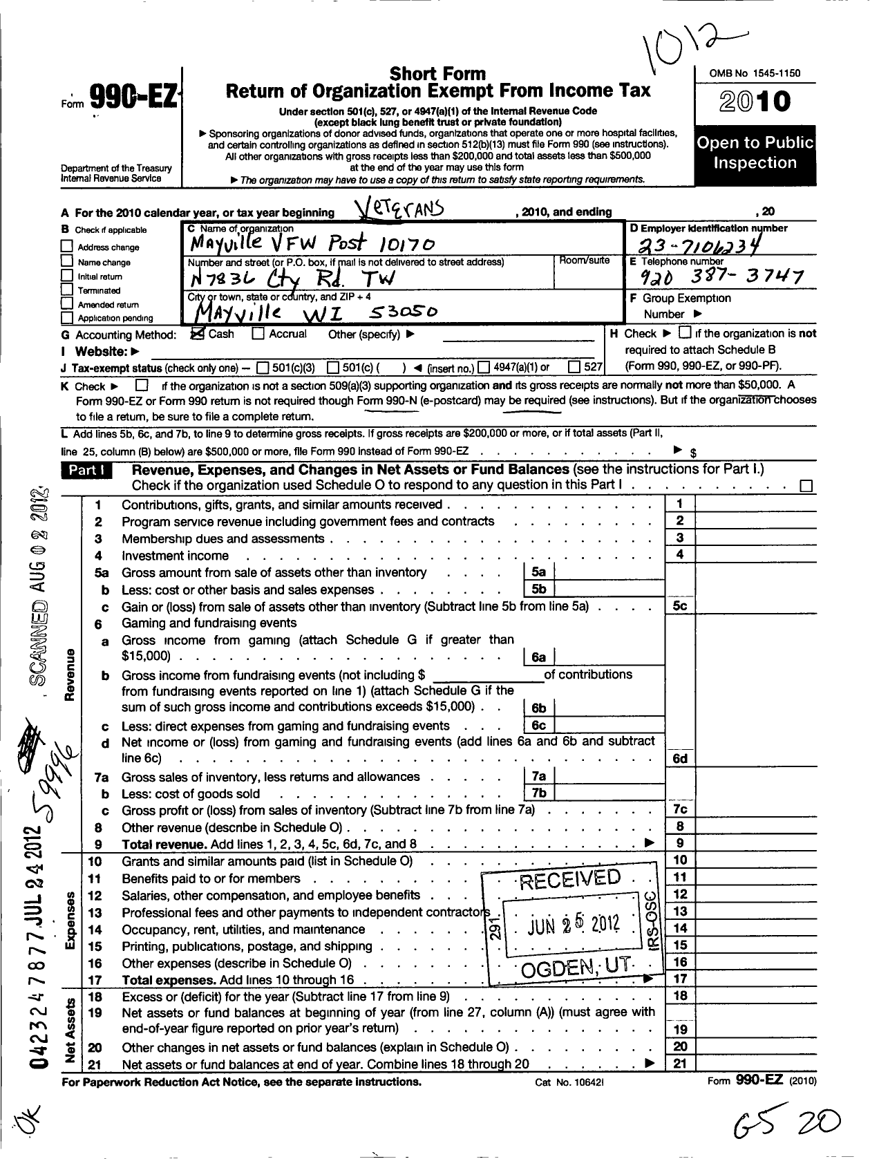 Image of first page of 2010 Form 990EO for VFW Wi - 10170 Mayville Post