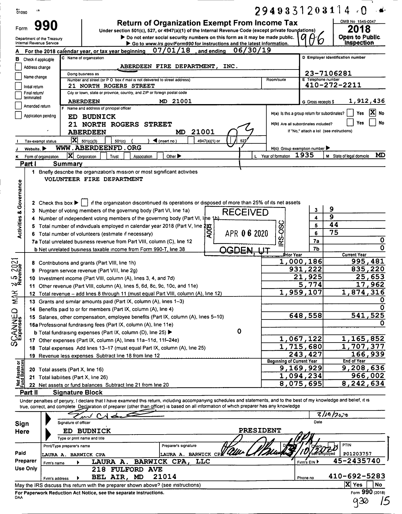 Image of first page of 2018 Form 990 for Aberdeen Fire Department