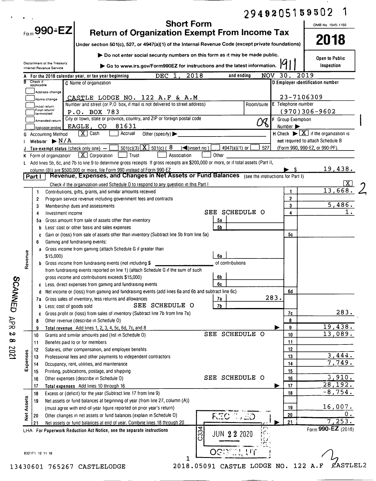 Image of first page of 2018 Form 990EO for Castle Lodge 122