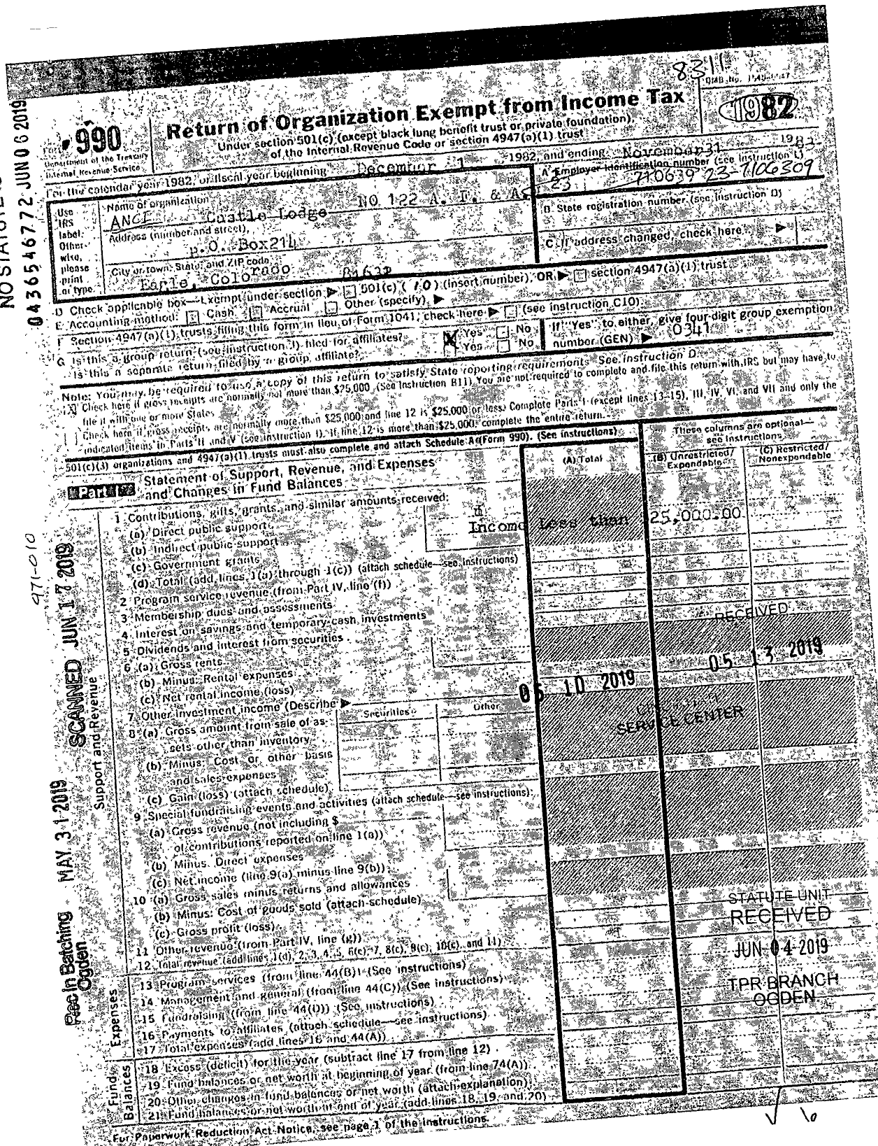 Image of first page of 1982 Form 990OA for Castle Lodge 122