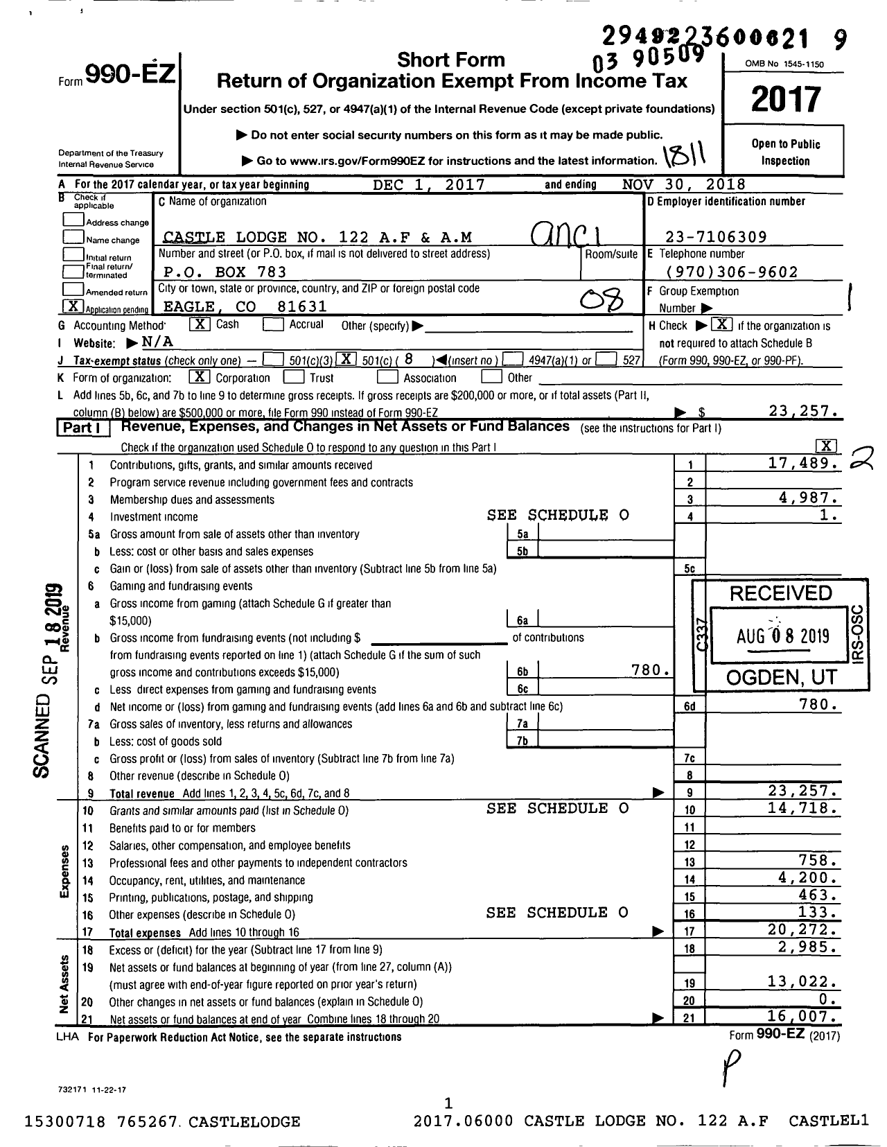 Image of first page of 2017 Form 990EO for Castle Lodge 122