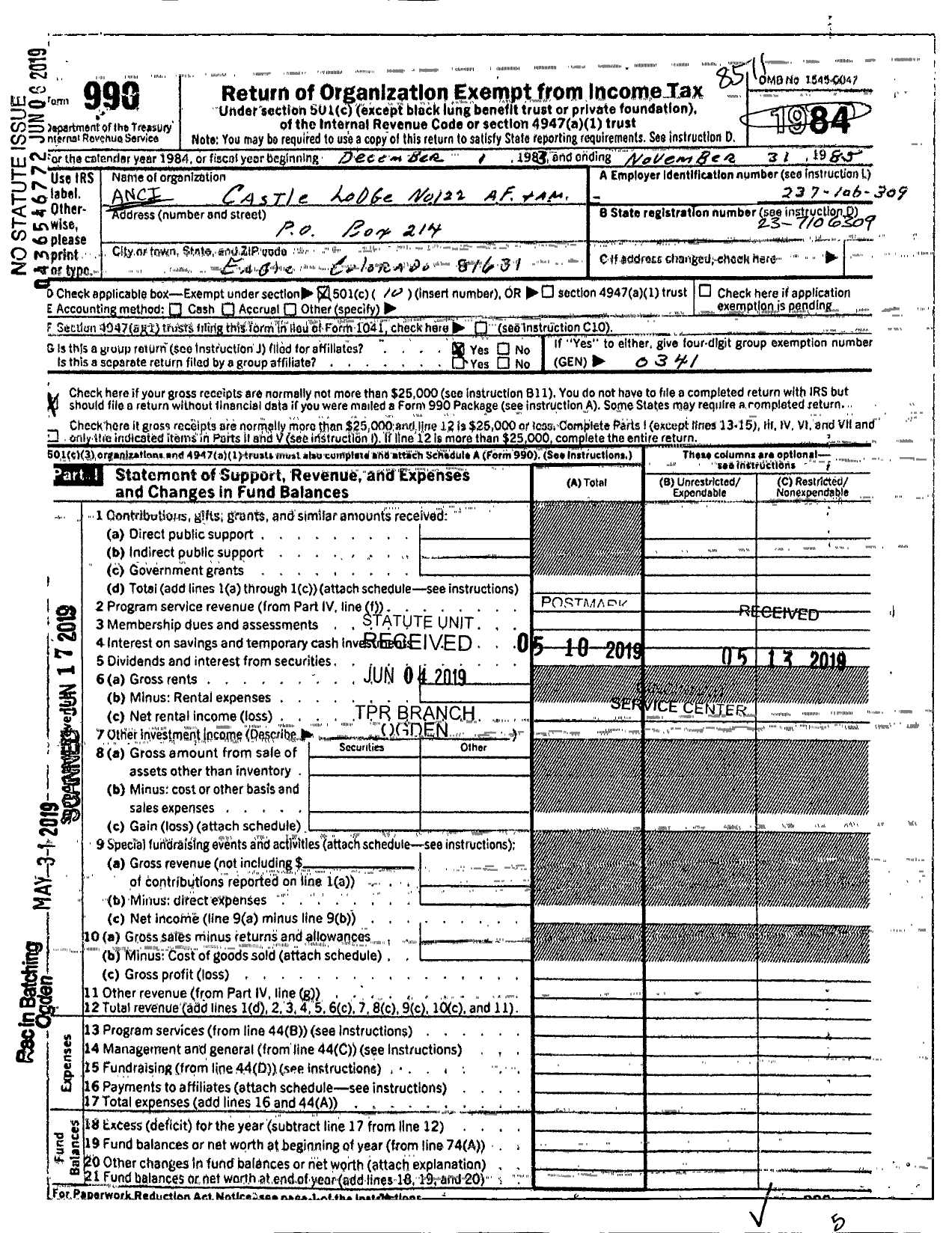 Image of first page of 1984 Form 990OA for Castle Lodge 122