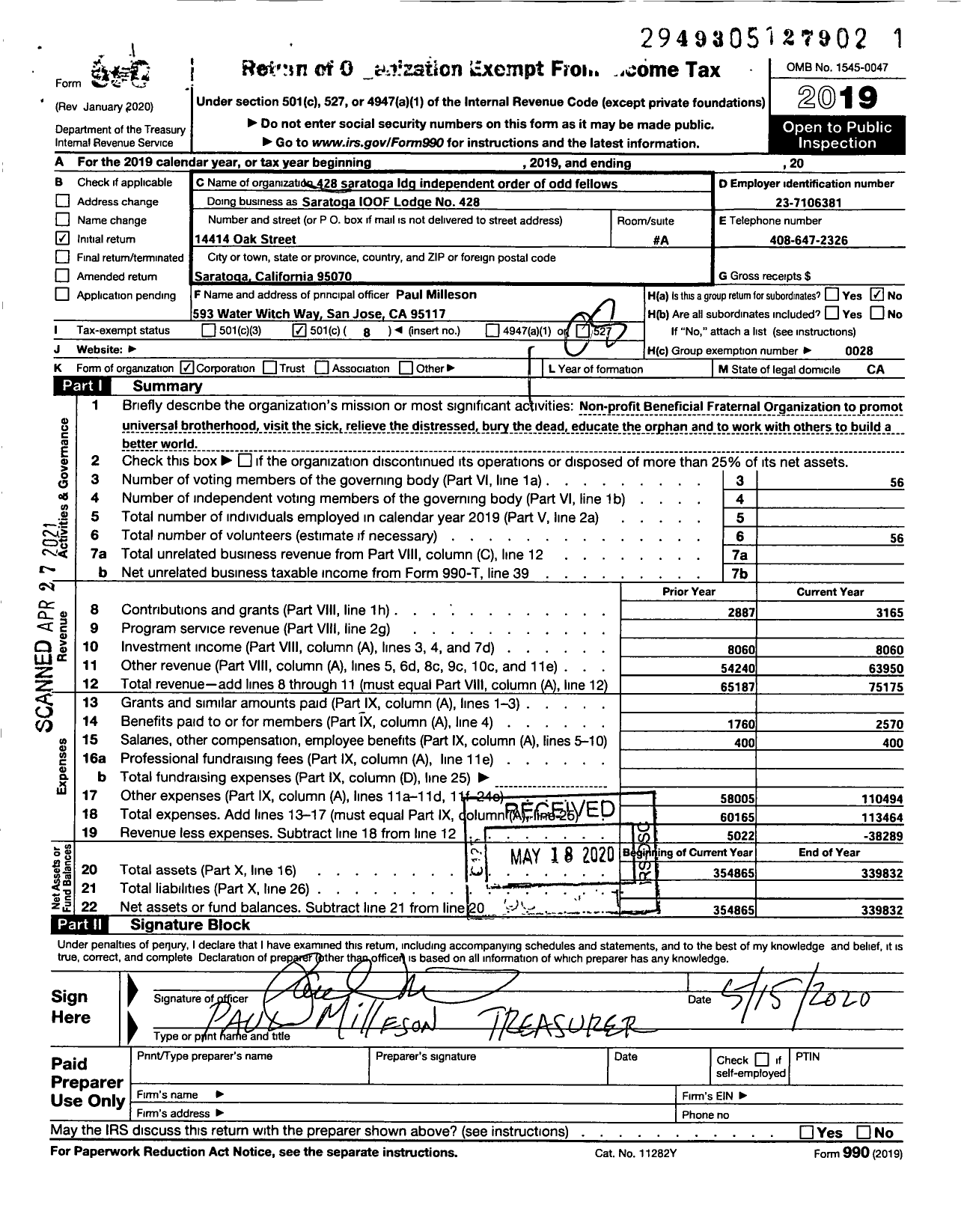 Image of first page of 2019 Form 990O for Independent Order of Odd Fellows - Saratoga Lodge No 428