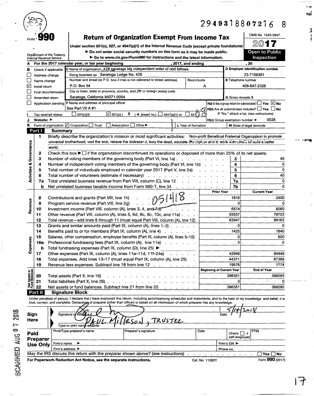 Image of first page of 2017 Form 990O for Independent Order of Odd Fellows - Saratoga Lodge No 428