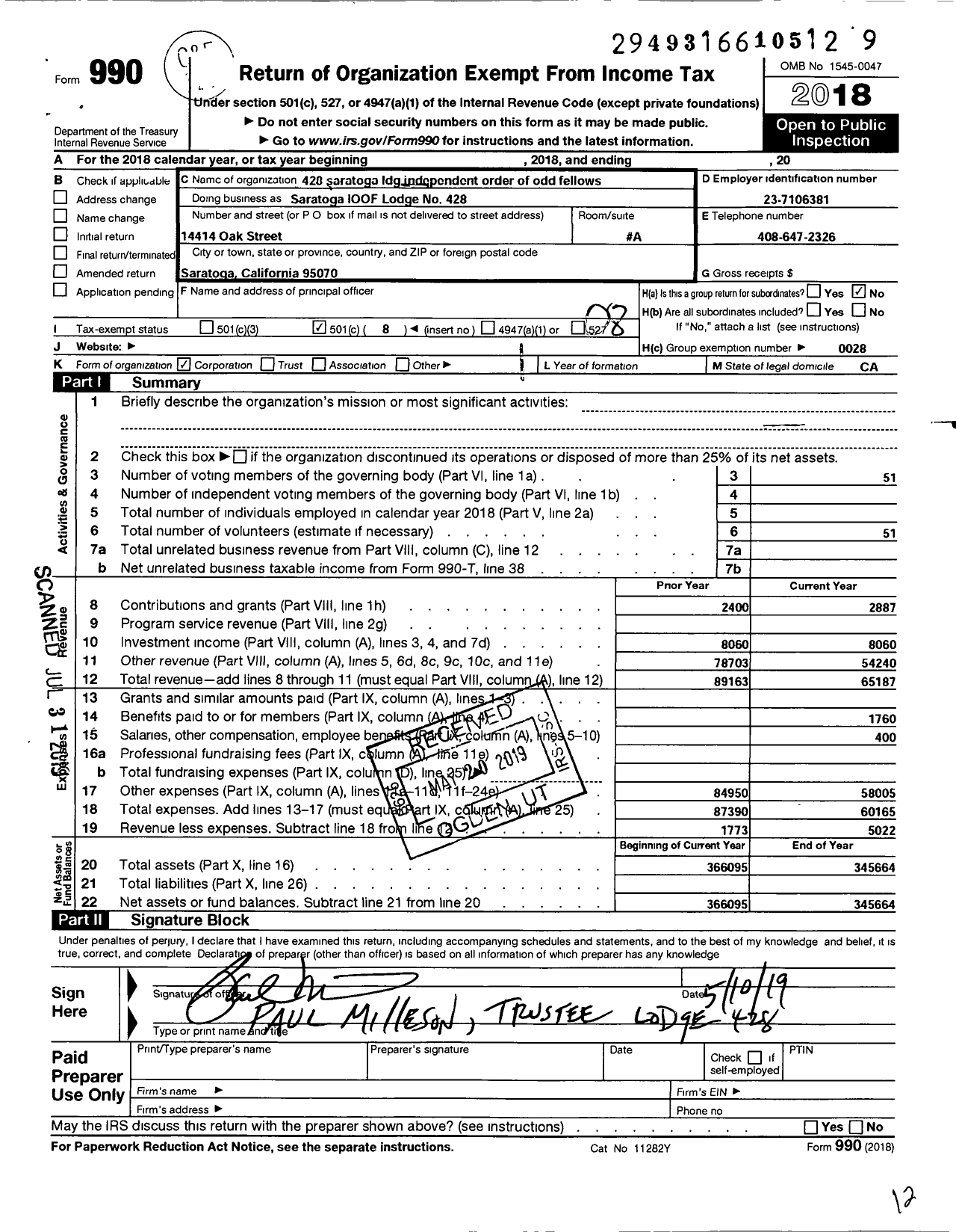 Image of first page of 2018 Form 990O for Independent Order of Odd Fellows - Saratoga Lodge No 428