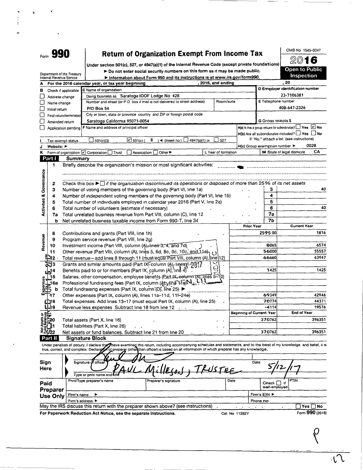 Image of first page of 2016 Form 990EO for Independent Order of Odd Fellows - Saratoga Lodge No 428