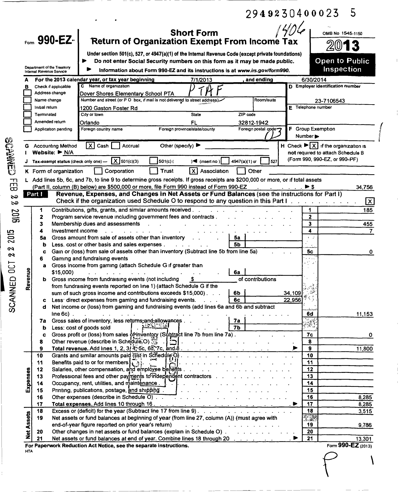 Image of first page of 2013 Form 990EZ for PTA Florida Congress - Dover Shores PTA