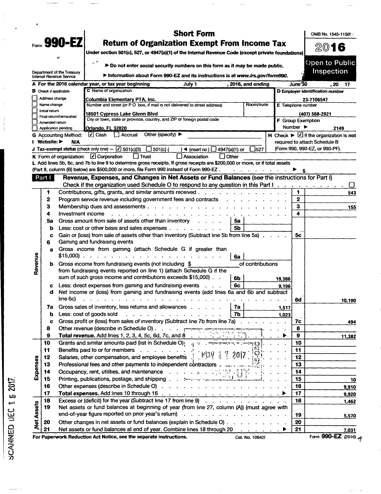 Image of first page of 2016 Form 990EZ for PTA Florida Congress - Columbia Elementary School PTA