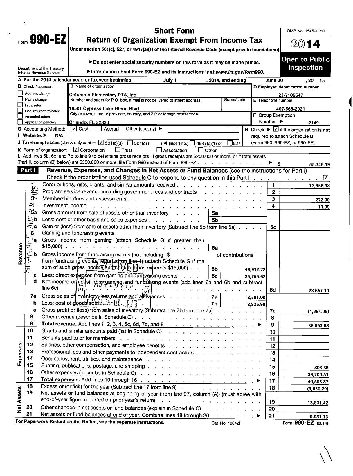 Image of first page of 2014 Form 990EZ for PTA Florida Congress - Columbia Elementary School PTA