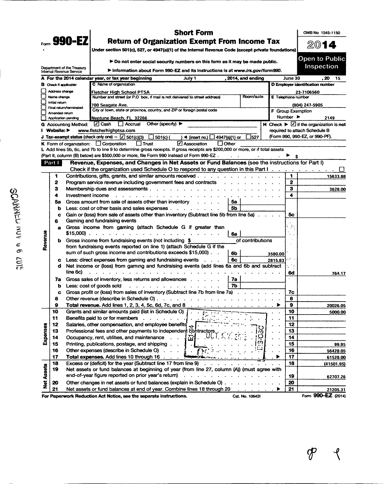 Image of first page of 2014 Form 990EZ for PTA Florida Congress - Duncan U Fletcher High Ptsa