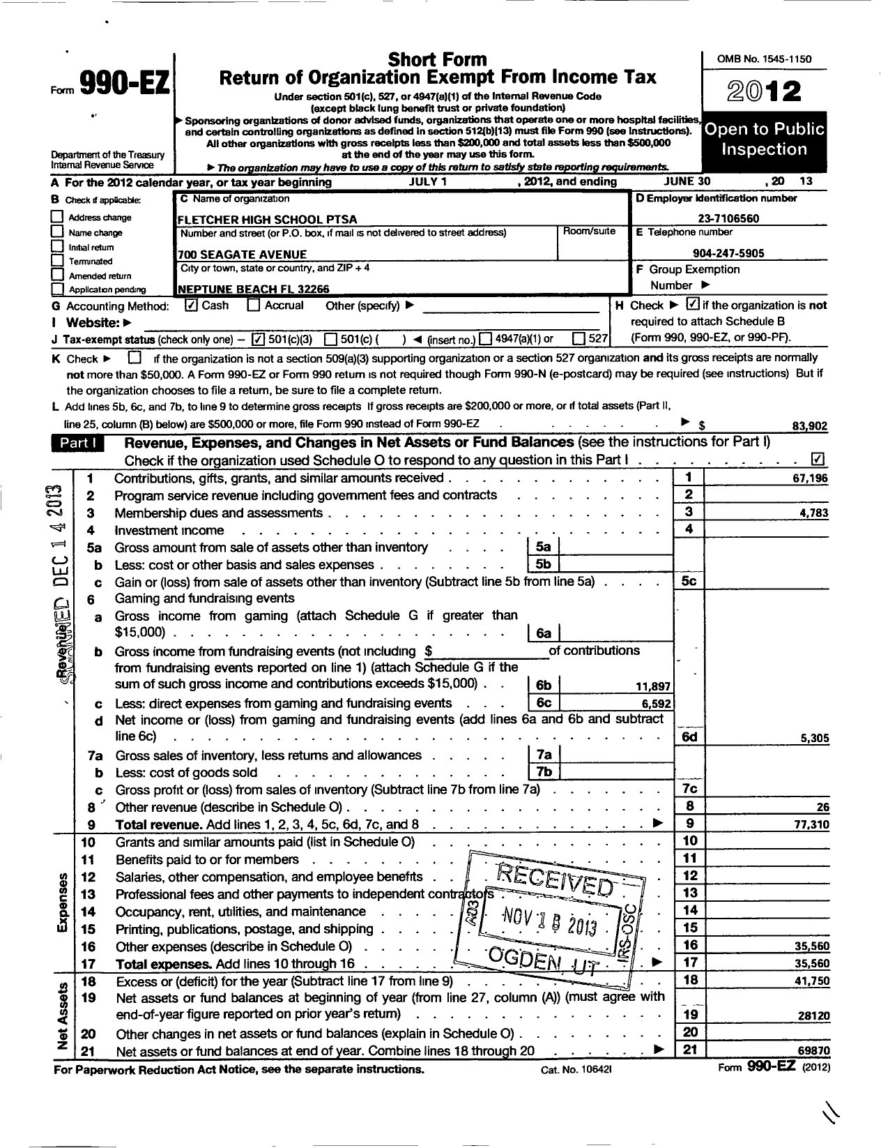 Image of first page of 2012 Form 990EZ for PTA Florida Congress - Duncan U Fletcher High Ptsa