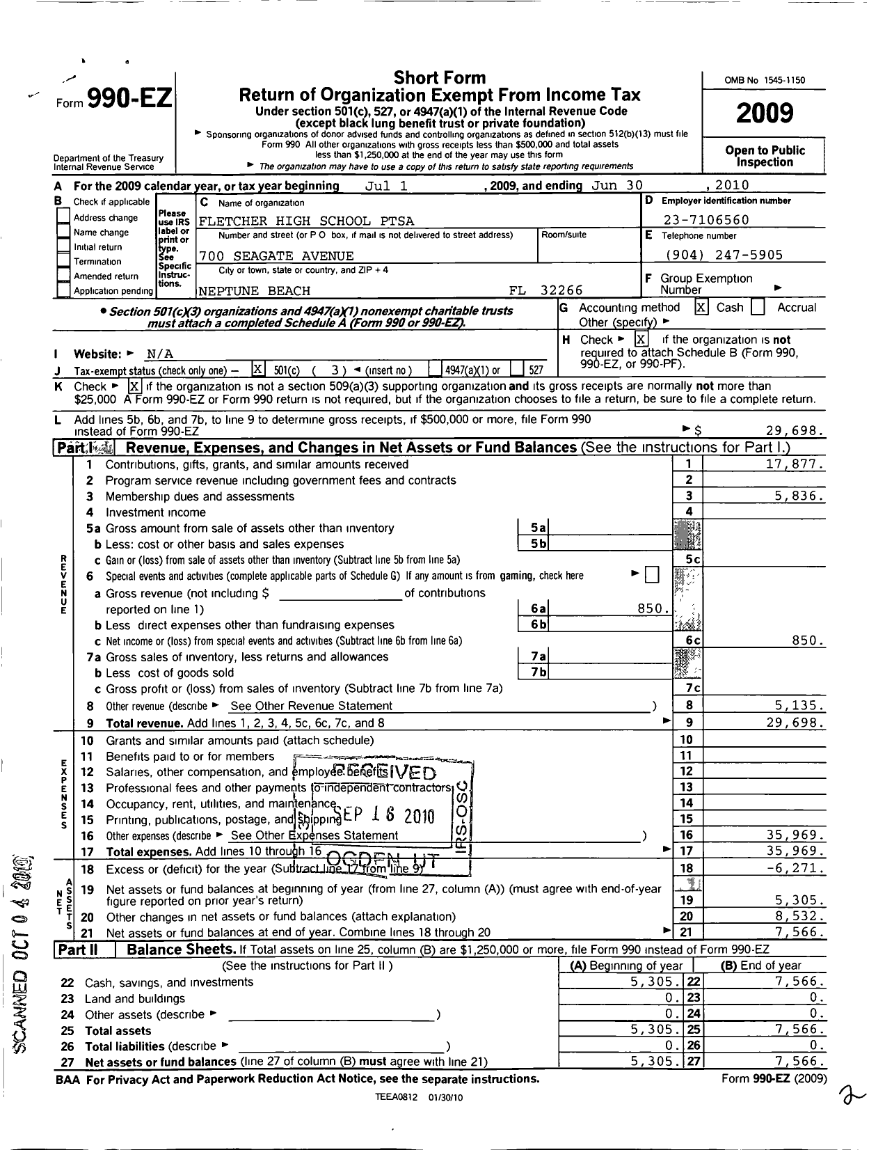 Image of first page of 2009 Form 990EZ for PTA Florida Congress - Duncan U Fletcher High Ptsa