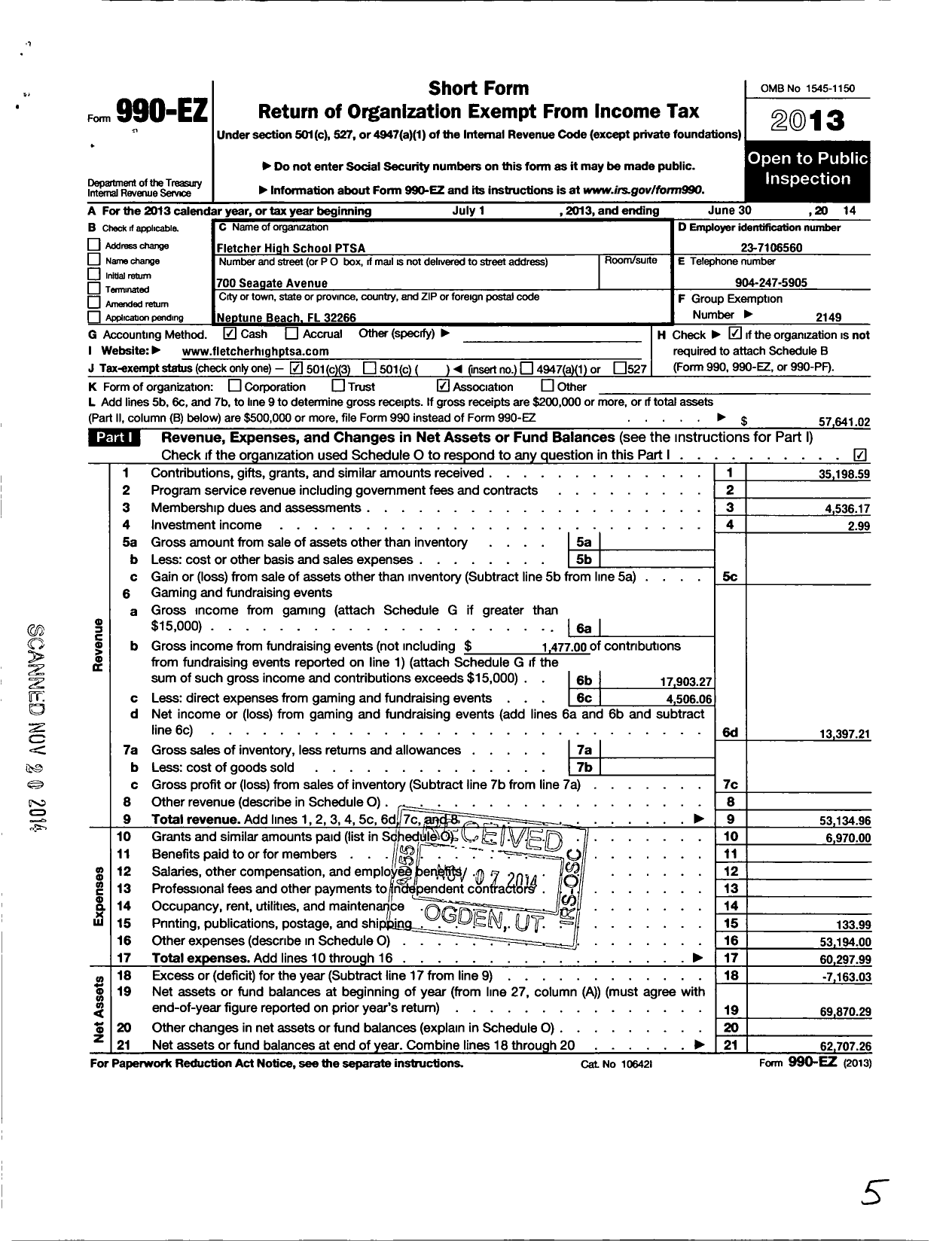 Image of first page of 2013 Form 990EZ for PTA Florida Congress - Duncan U Fletcher High Ptsa