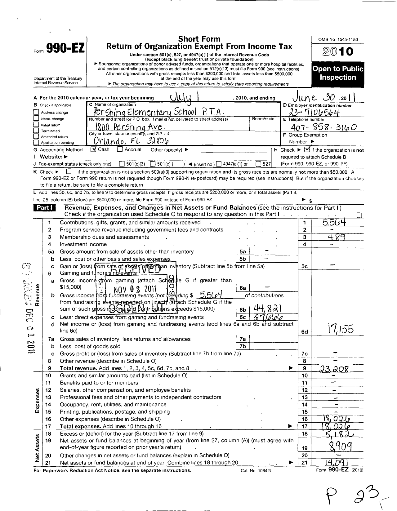 Image of first page of 2010 Form 990EO for PTA Florida Congress - Pershing Elementary School PTA