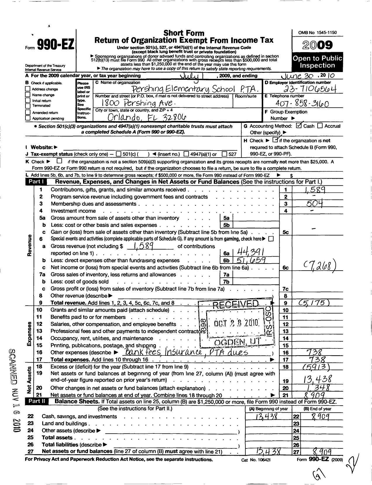 Image of first page of 2009 Form 990EO for PTA Florida Congress - Pershing Elementary School PTA