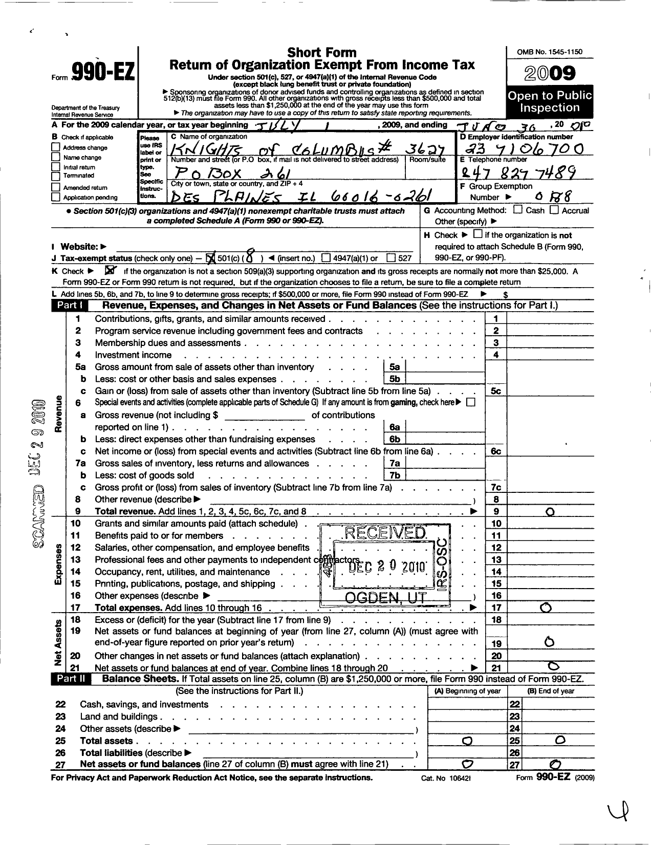 Image of first page of 2009 Form 990EO for Knights of Columbus - 3627 FR Linden Council