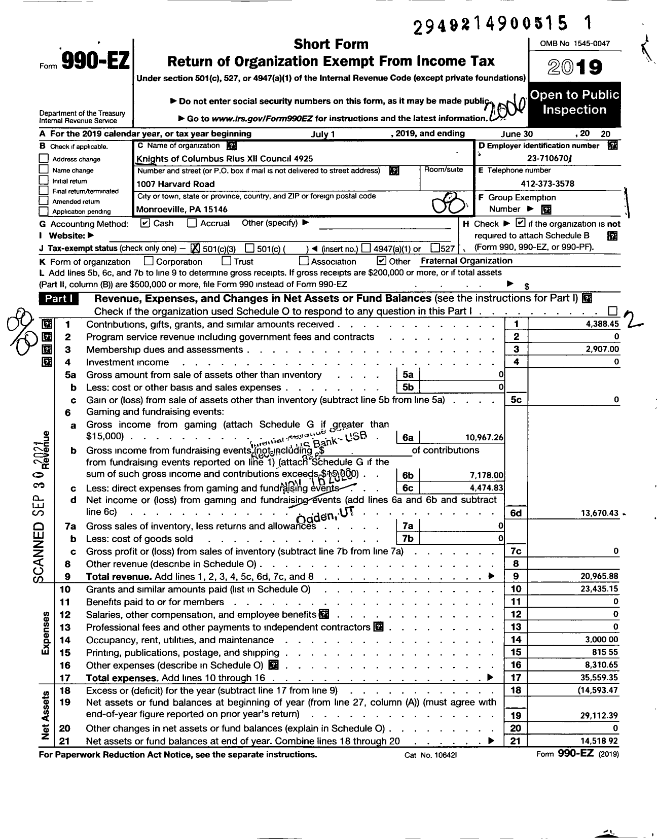 Image of first page of 2019 Form 990EO for Knights of Columbus - 4925 Pius Xii Council