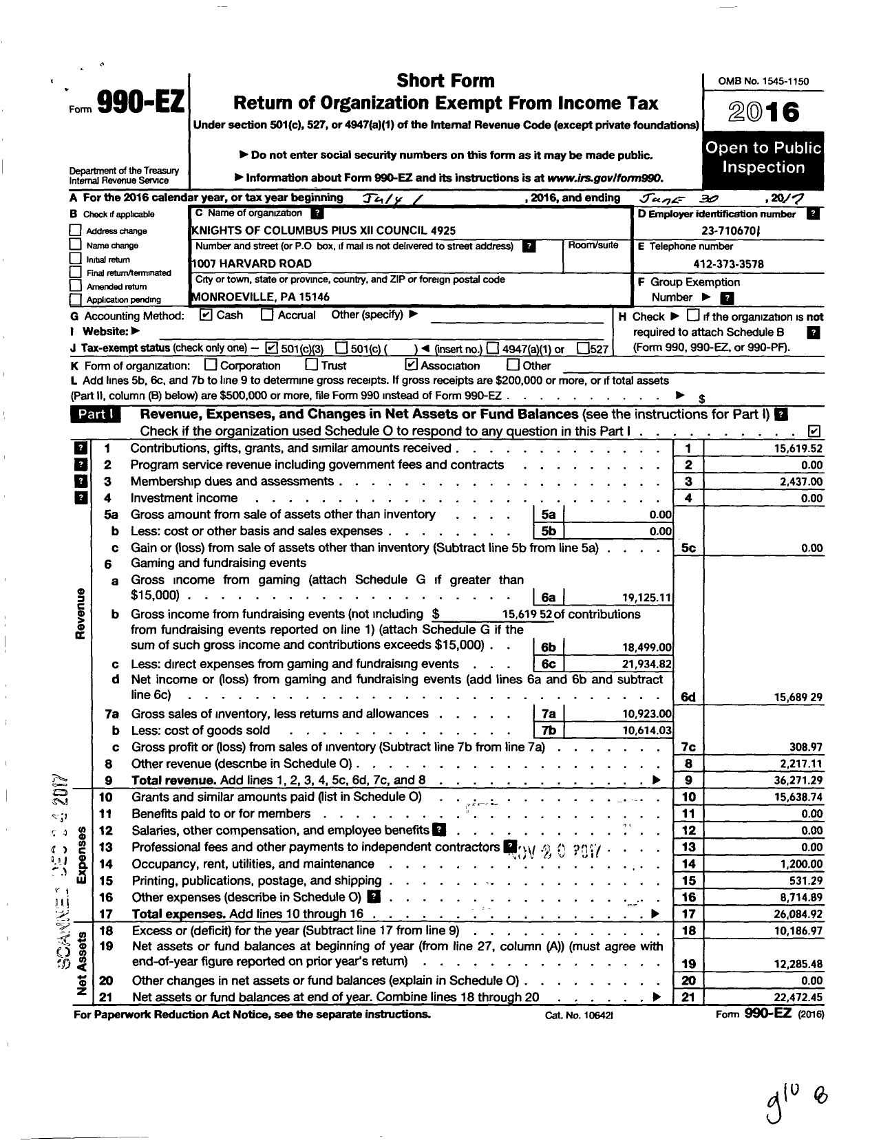 Image of first page of 2016 Form 990EZ for Knights of Columbus - 4925 Pius Xii Council