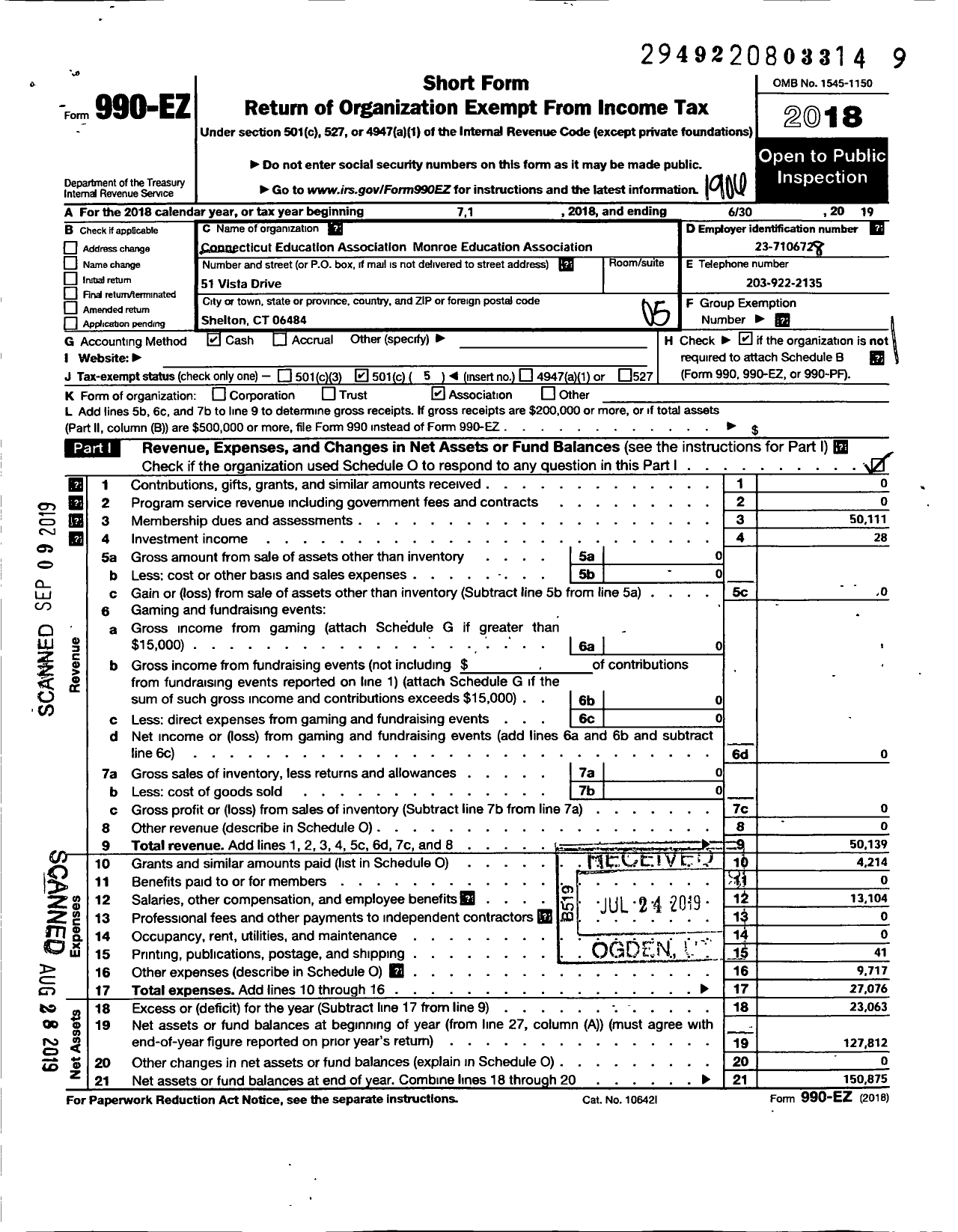 Image of first page of 2018 Form 990EO for CONNECTICUT Education ASSOCIATION - Monroe