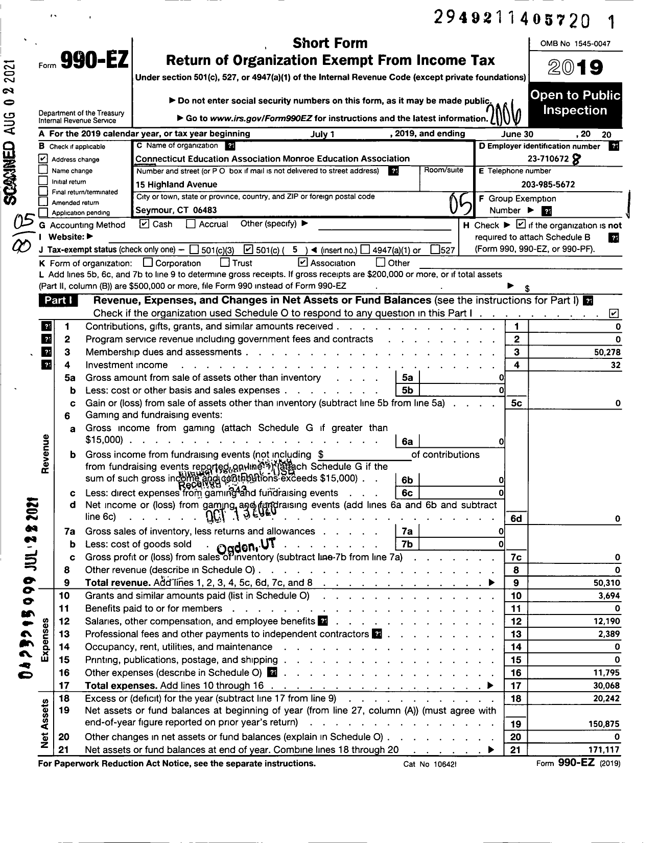 Image of first page of 2019 Form 990EO for CONNECTICUT Education ASSOCIATION - Monroe