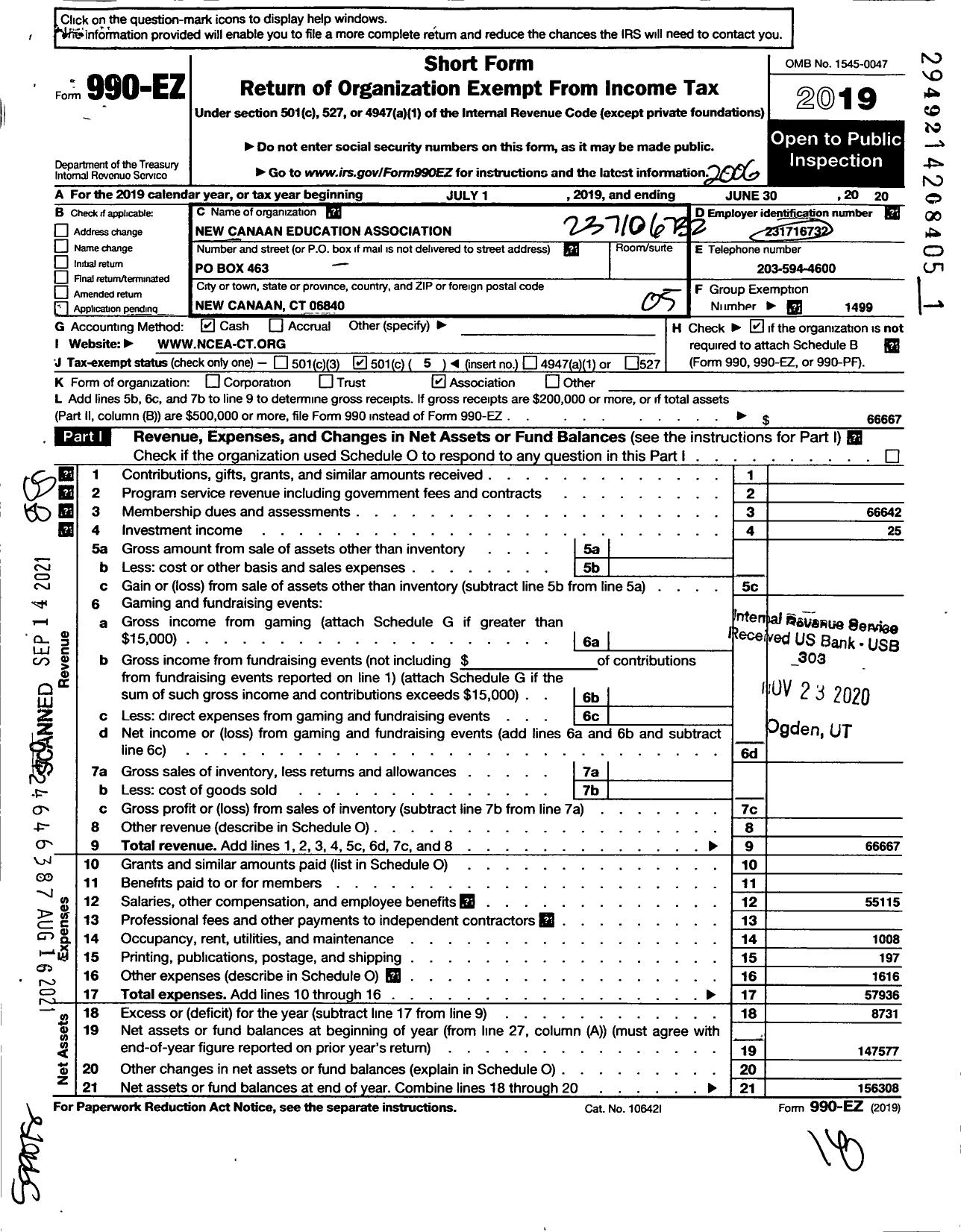 Image of first page of 2019 Form 990EO for CONNECTICUT Education Association - New Canaan