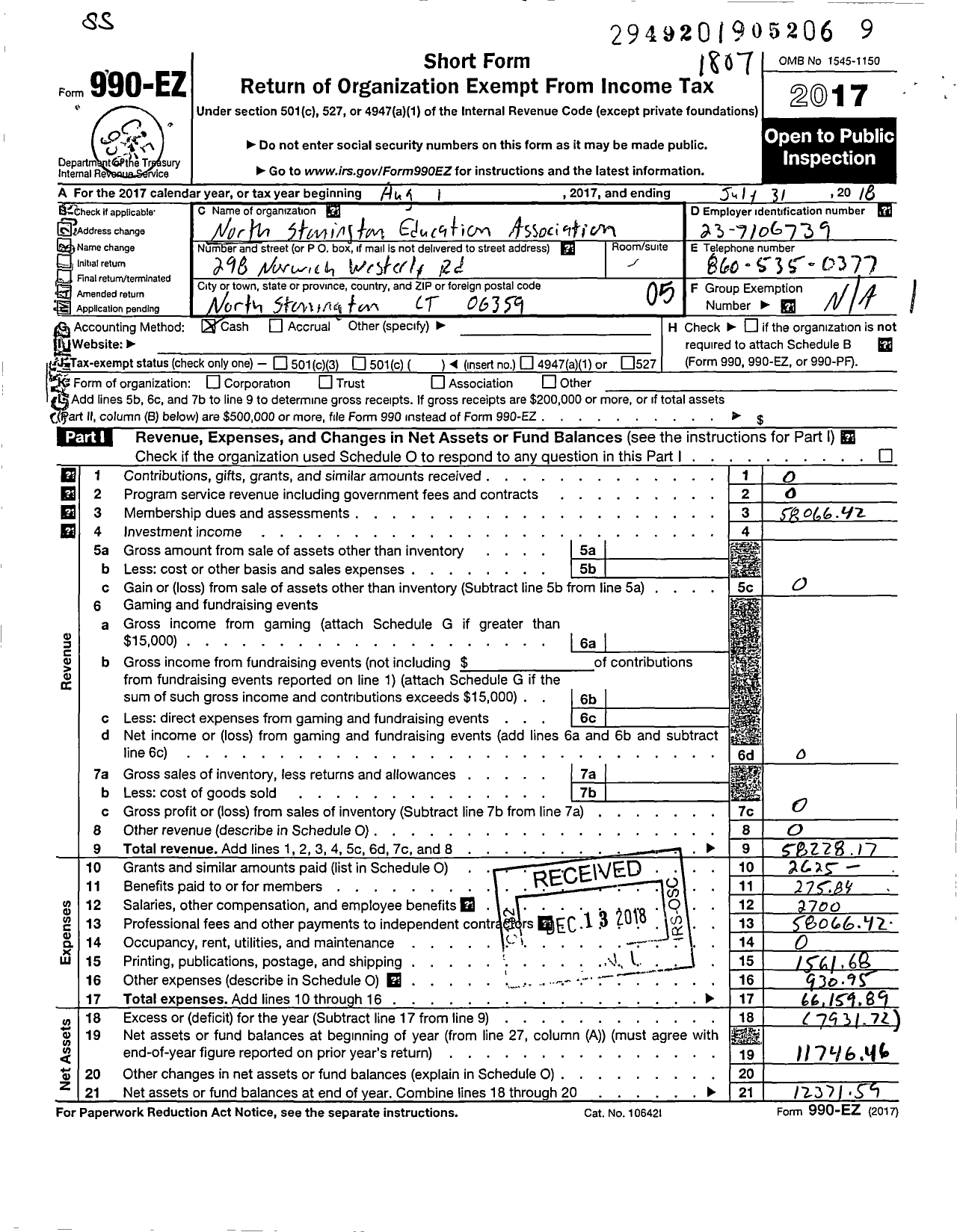 Image of first page of 2017 Form 990EO for Connecticut Education Association - North Stonington