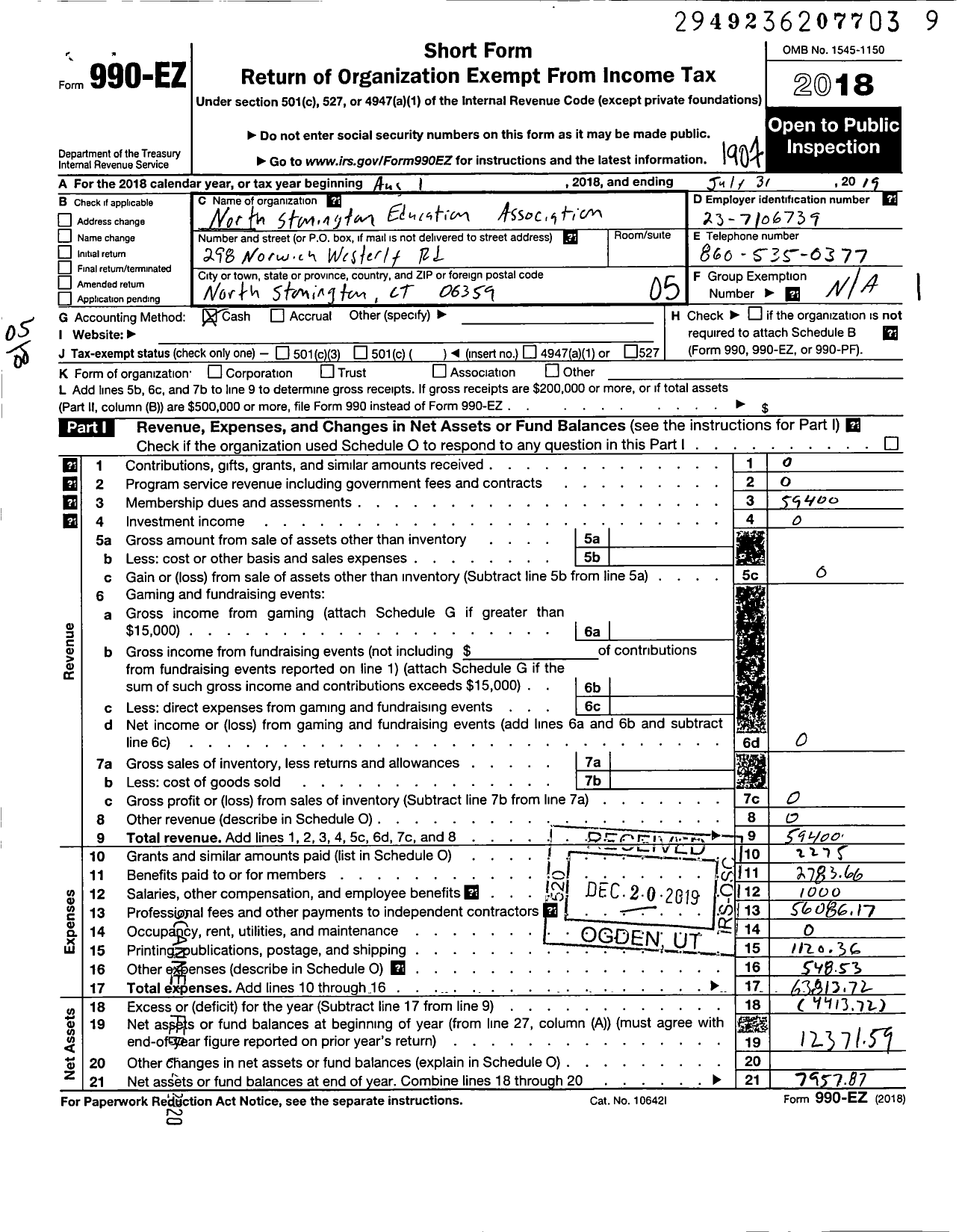 Image of first page of 2018 Form 990EO for Connecticut Education Association - North Stonington