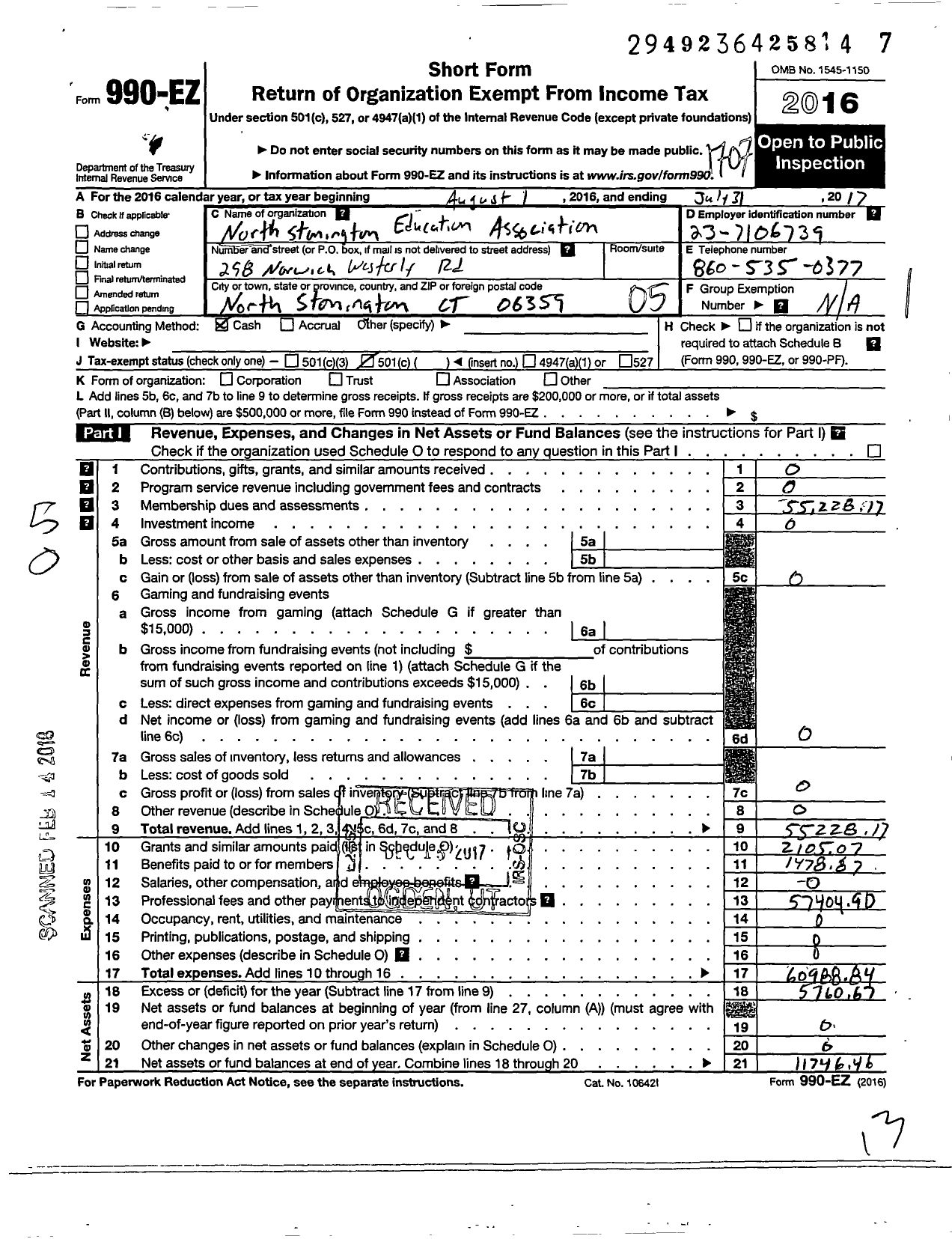 Image of first page of 2016 Form 990EO for Connecticut Education Association - North Stonington