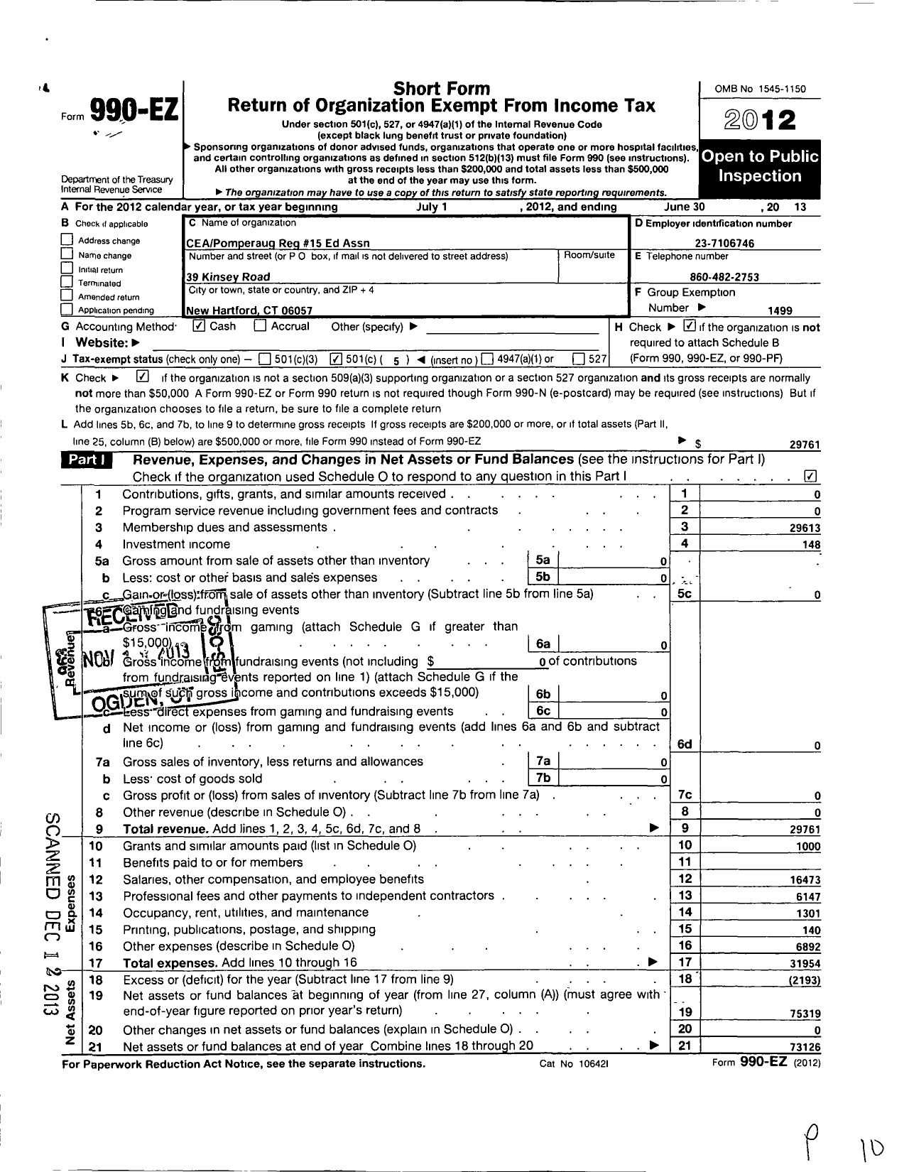 Image of first page of 2012 Form 990EO for Connecticut Education Association - 15 Region Pomperaug