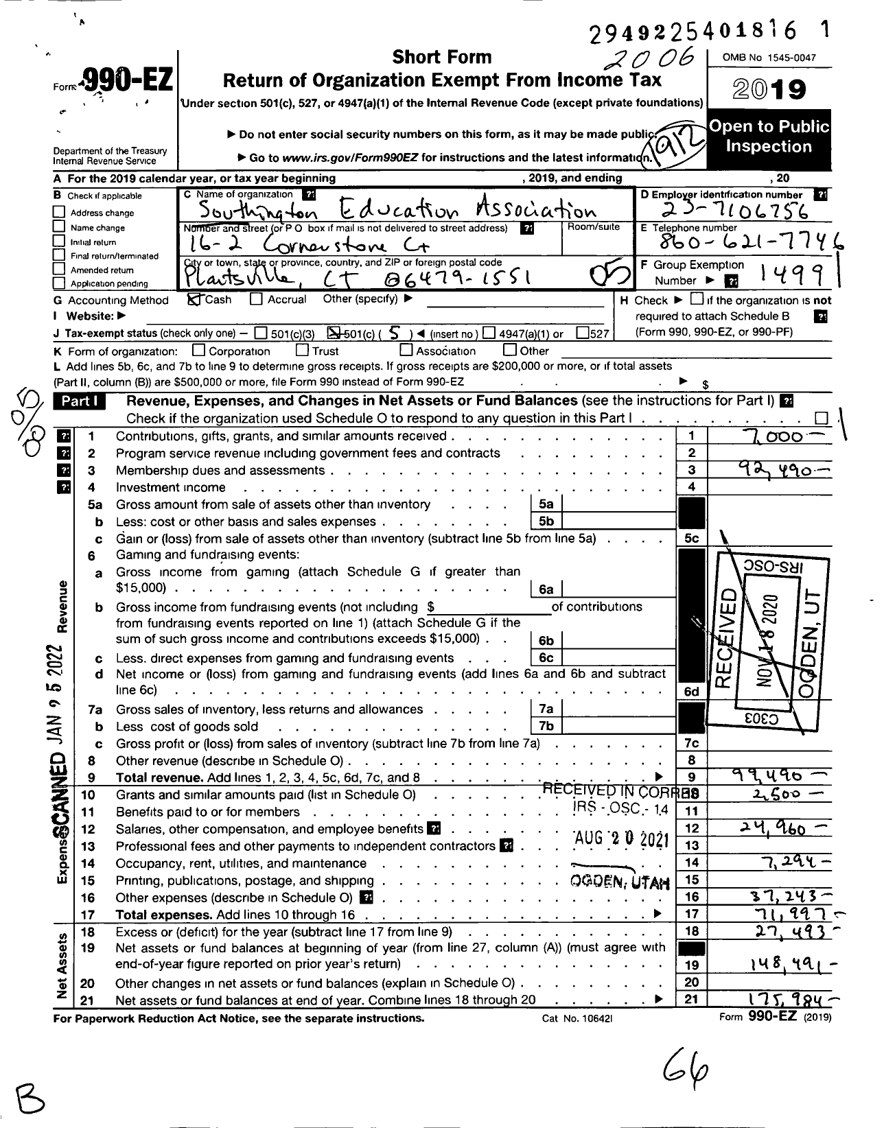 Image of first page of 2019 Form 990EO for Connecticut Education Association - Southington