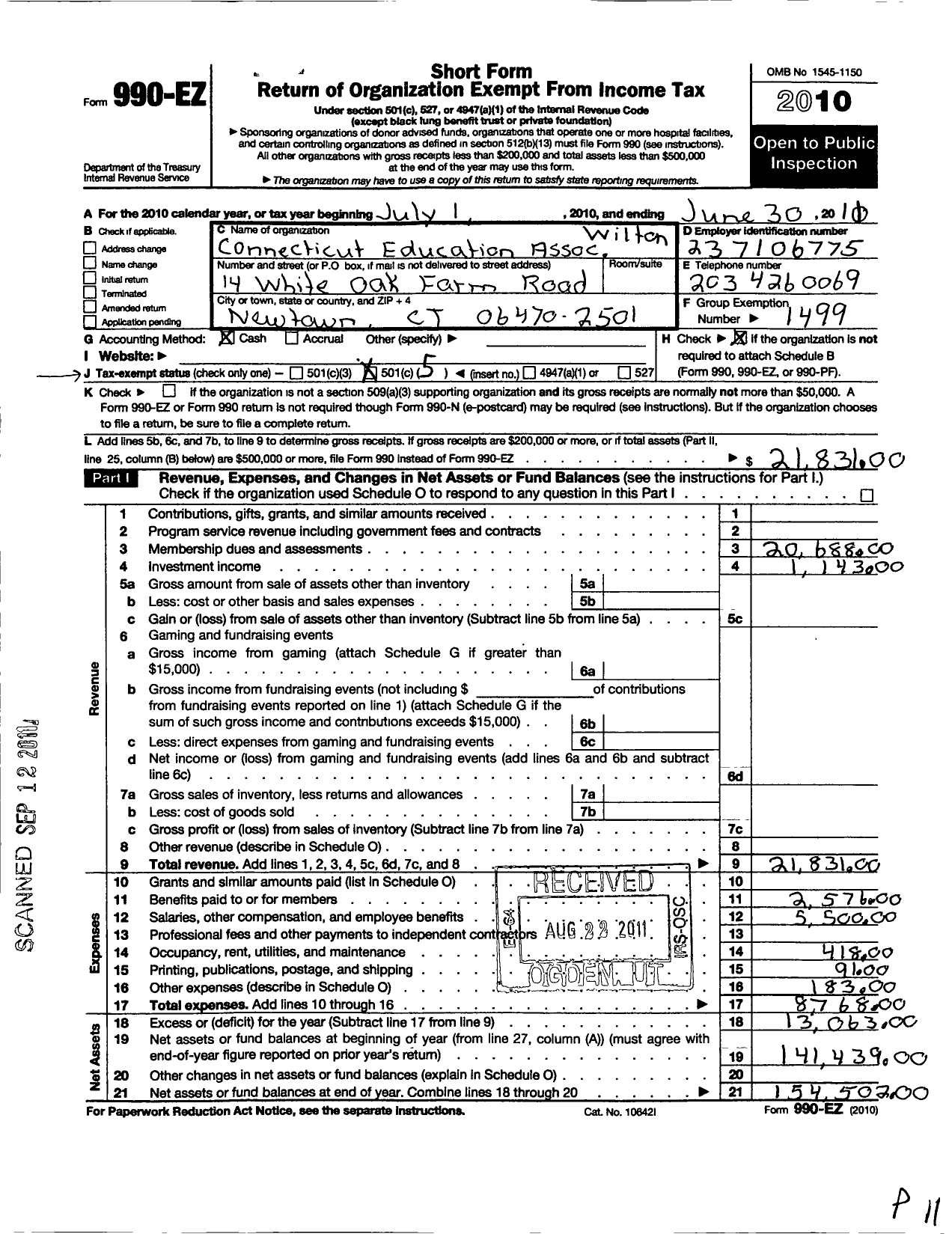 Image of first page of 2010 Form 990EO for Connecticut Education Association - Wilton