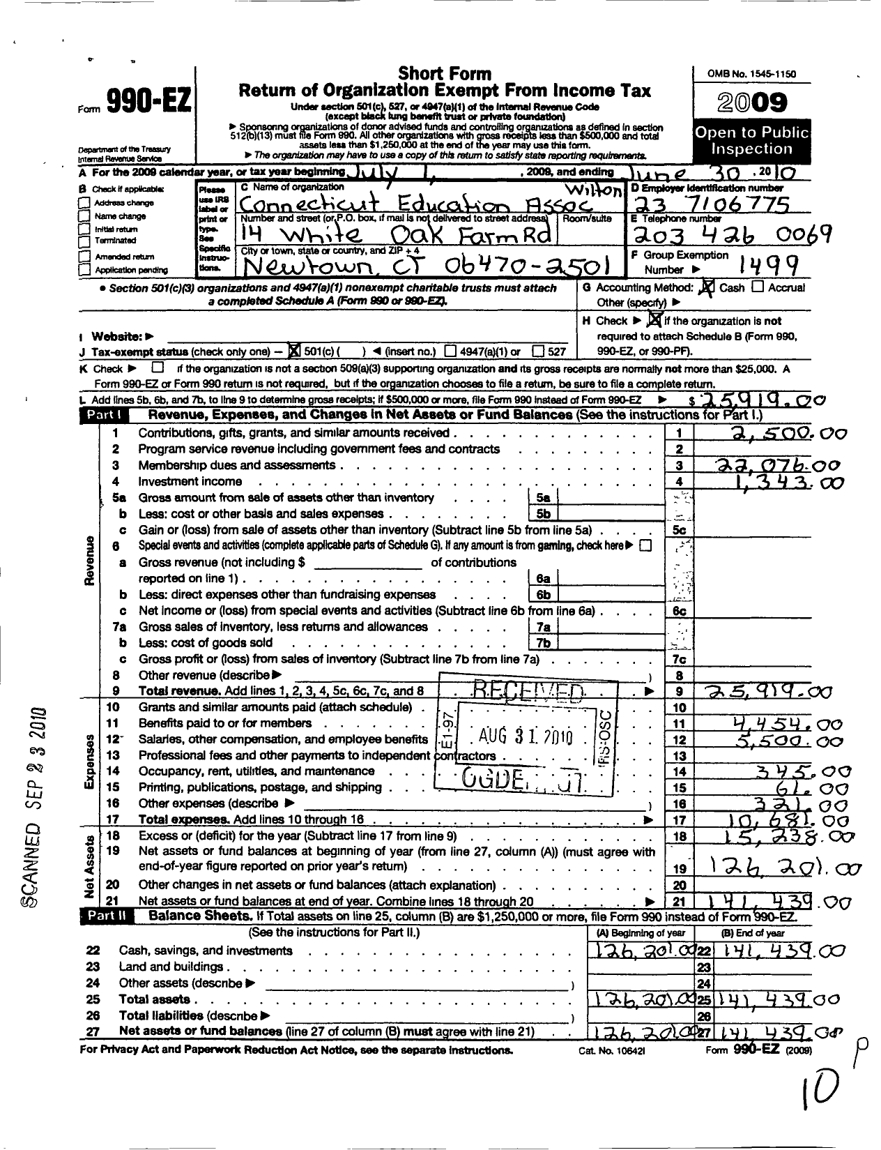 Image of first page of 2009 Form 990EO for Connecticut Education Association - Wilton