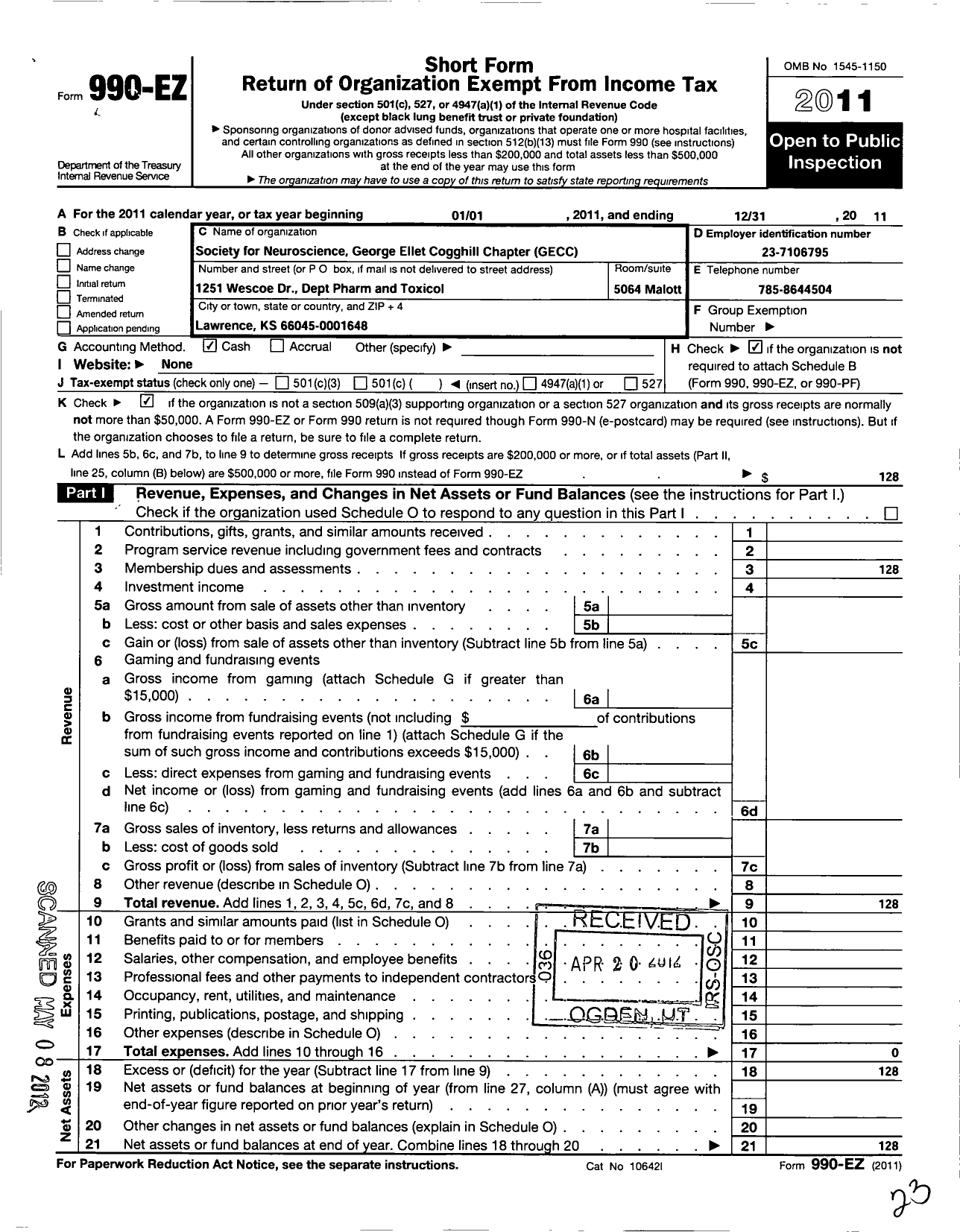 Image of first page of 2011 Form 990EO for Society for Neuroscience / George Ellet Coghill Chapter