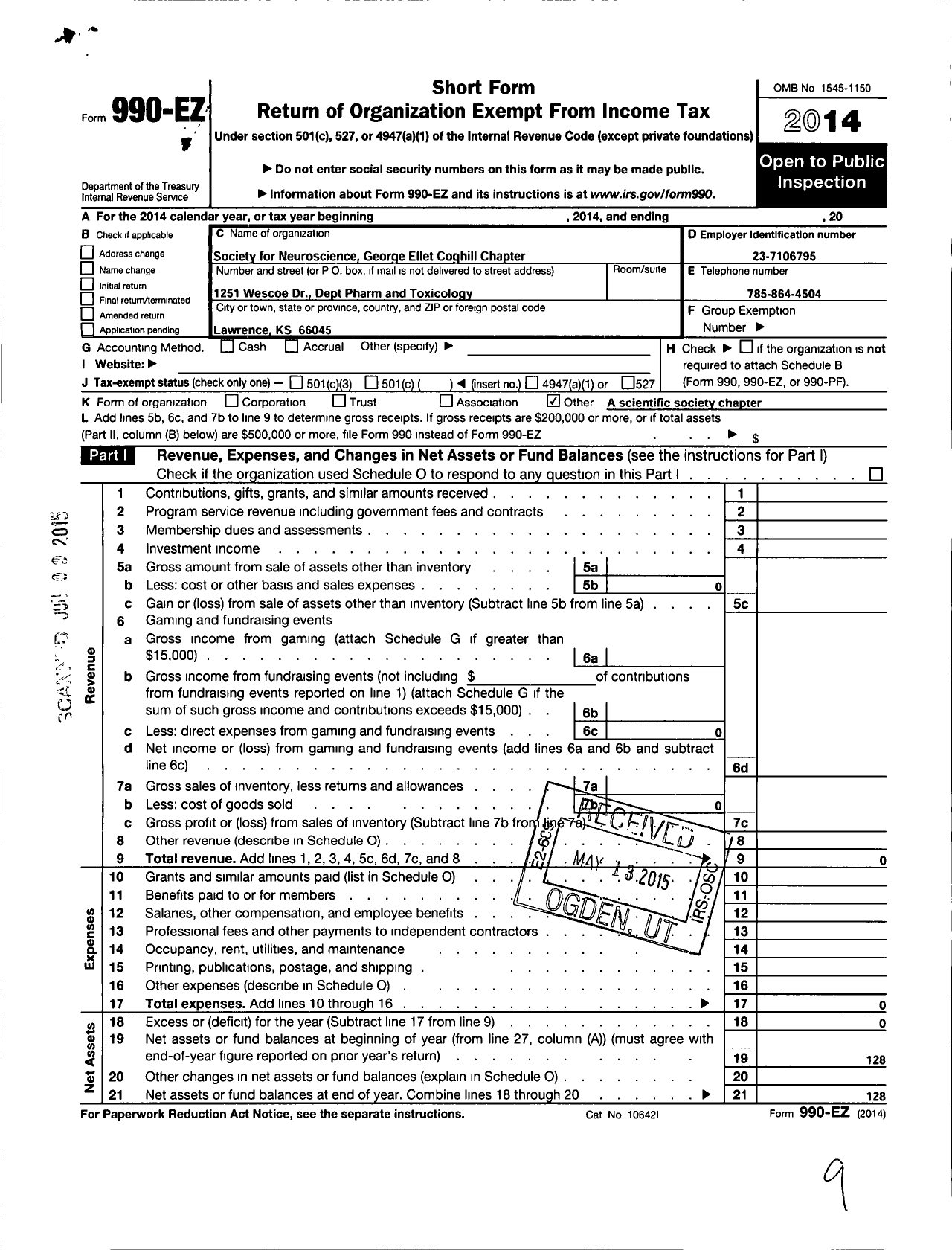 Image of first page of 2014 Form 990EO for Society for Neuroscience / George Ellet Coghill Chapter