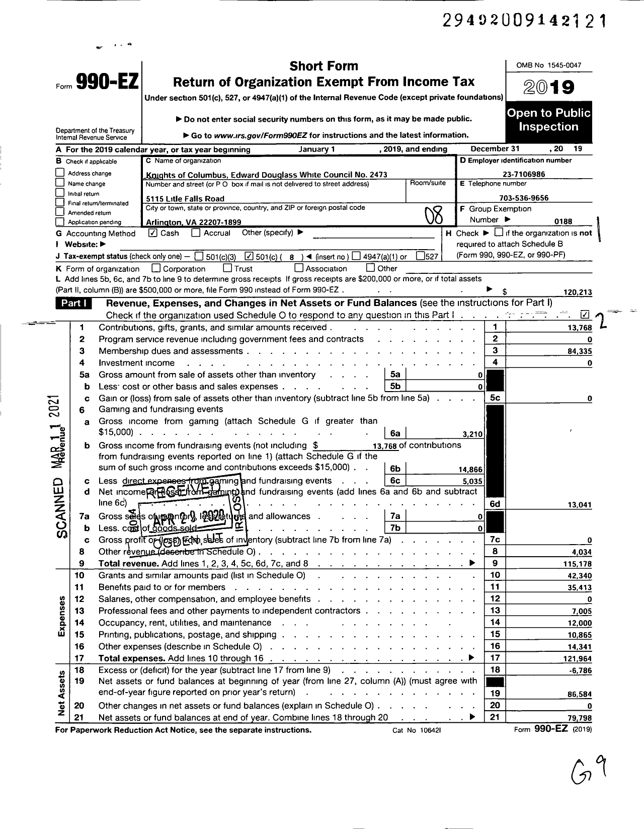 Image of first page of 2019 Form 990EO for Knights of Columbus - 2473 Edward Douglass White